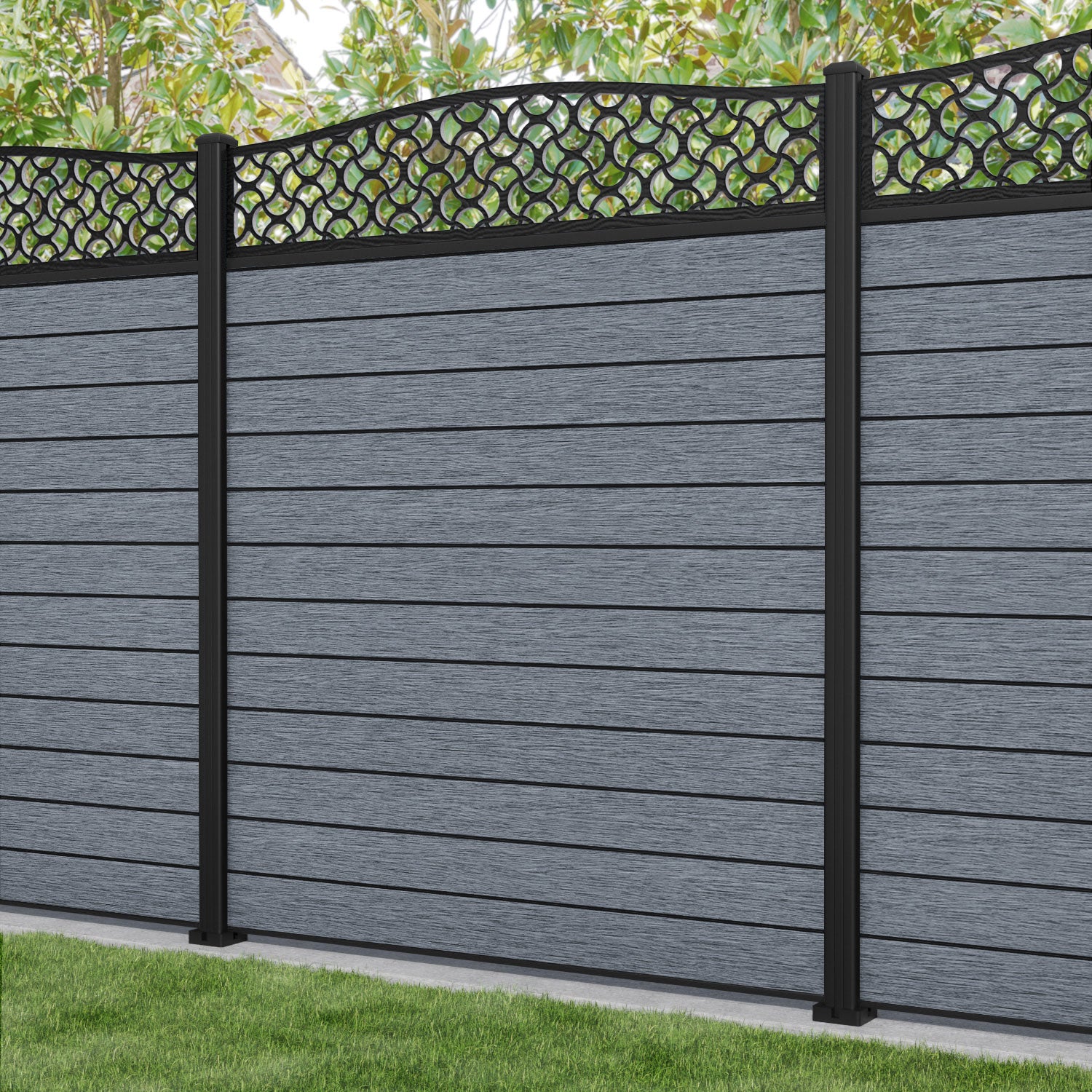 Fusion Vida Curved Top Fence Panel - Anthracite - with our aluminium posts