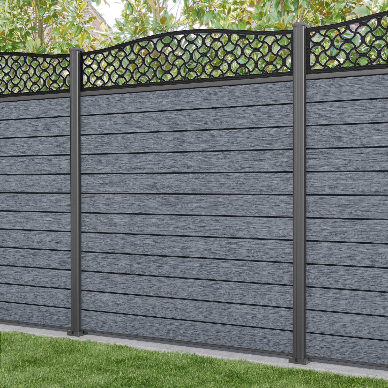 Fusion Vida Curved Top Fence Panel - Anthracite - with our aluminium posts