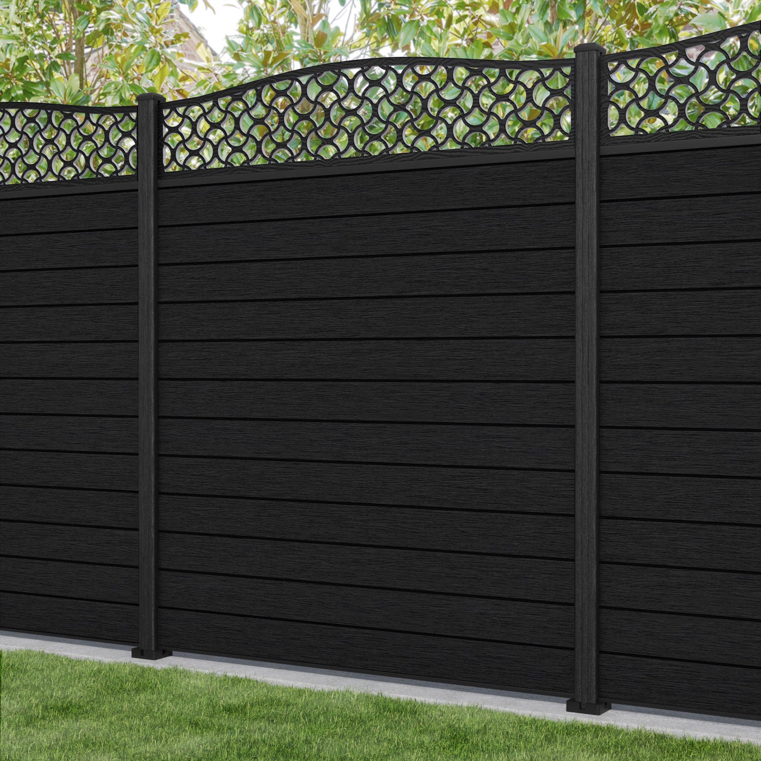 Fusion Vida Curved Top Fence Panel - Black - with our composite posts