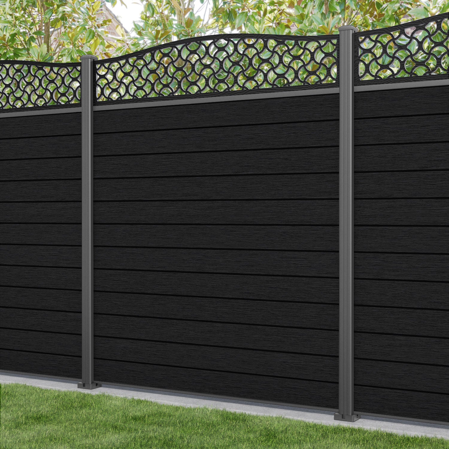 Fusion Vida Curved Top Fence Panel - Black - with our aluminium posts