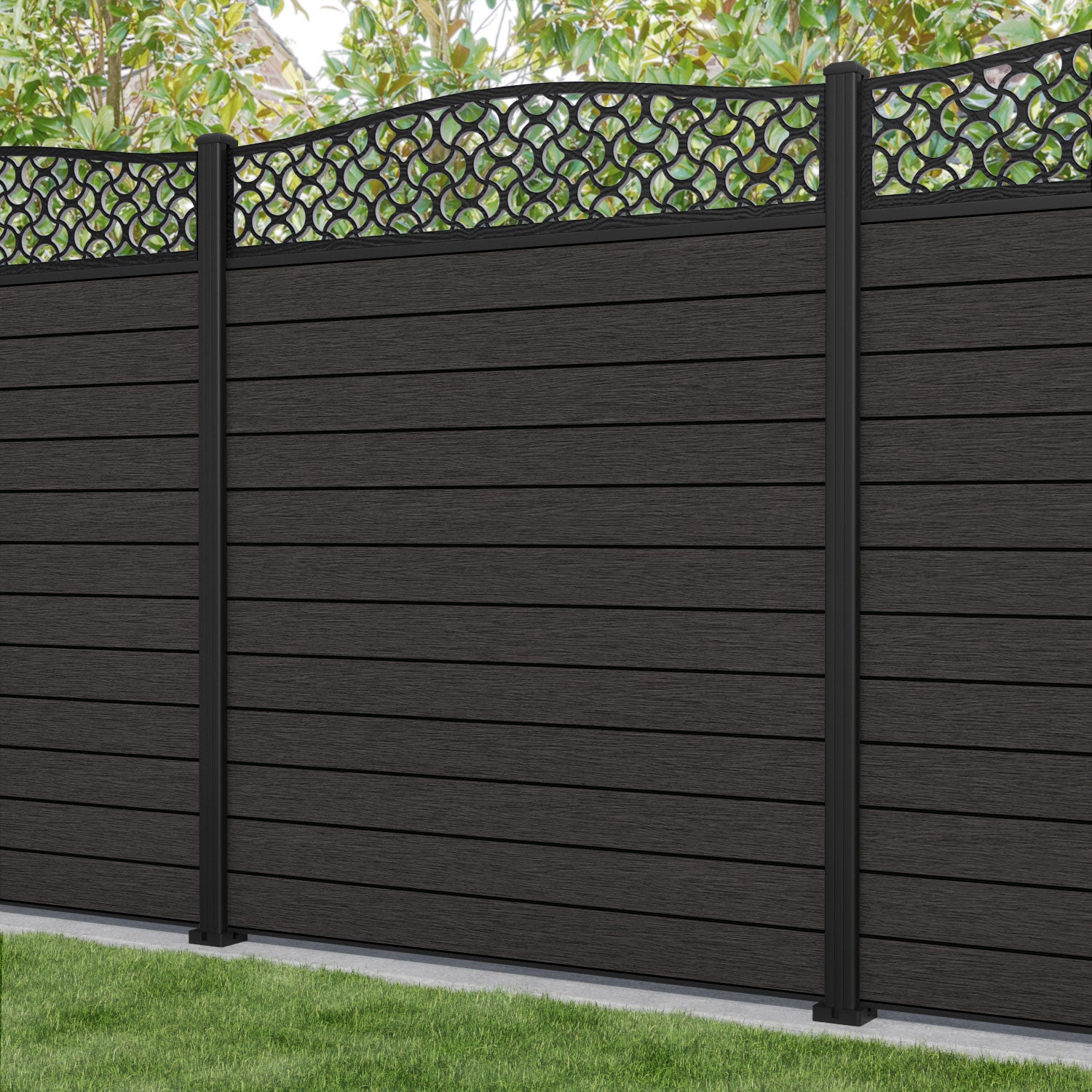 Fusion Vida Curved Top Fence Panel - Dark Oak - with our aluminium posts