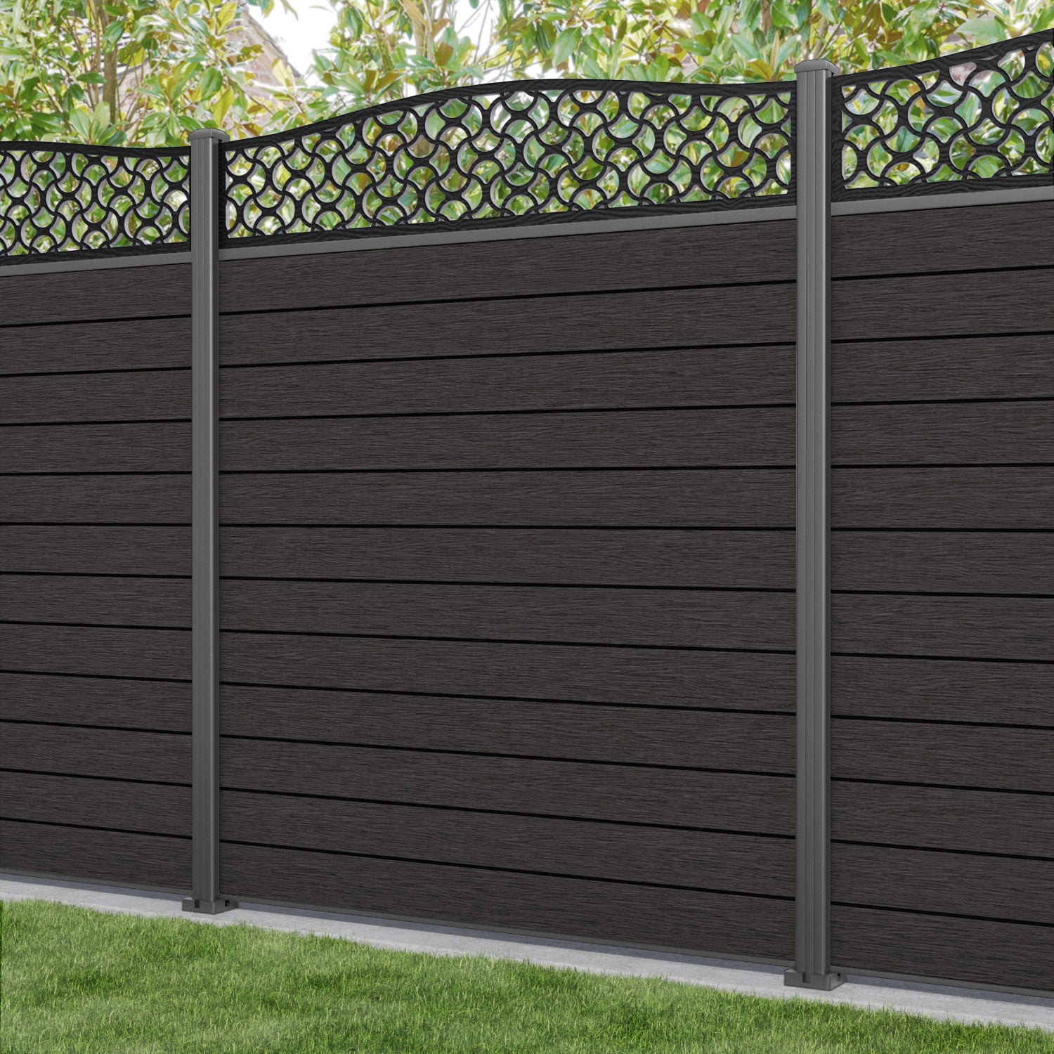 Fusion Vida Curved Top Fence Panel - Dark Oak - with our aluminium posts