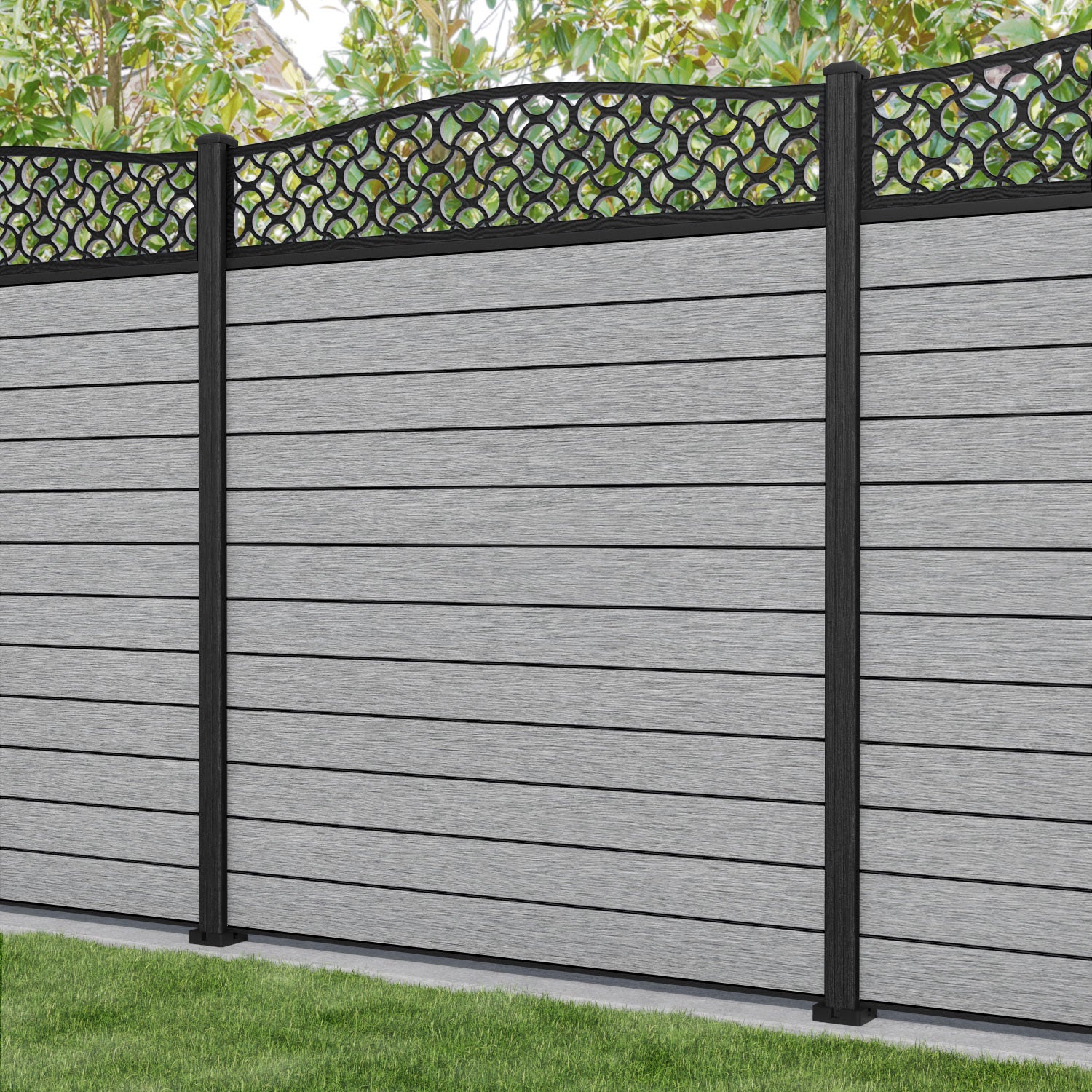 Fusion Vida Curved Top Fence Panel - Light Grey - with our composite posts