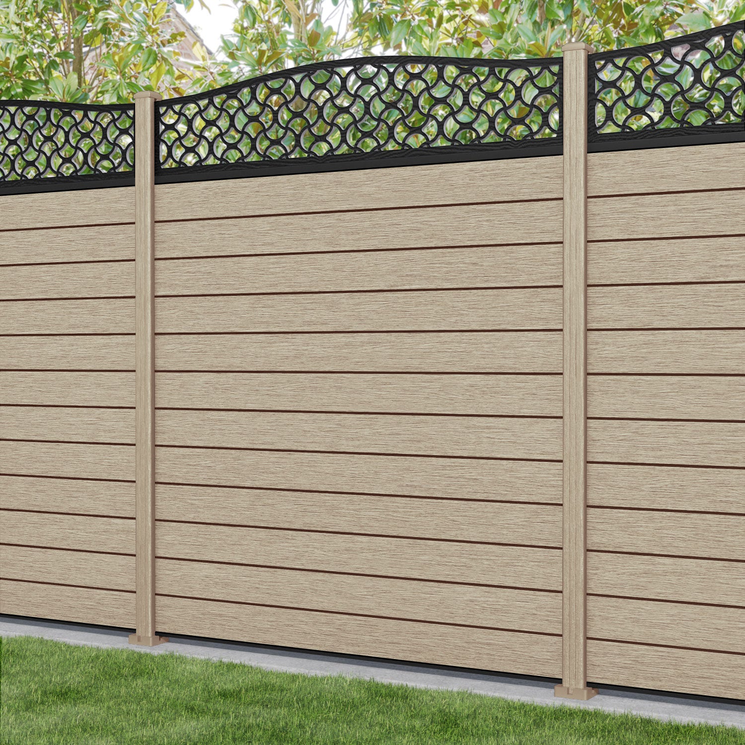 Fusion Vida Curved Top Fence Panel - Light Oak - with our composite posts