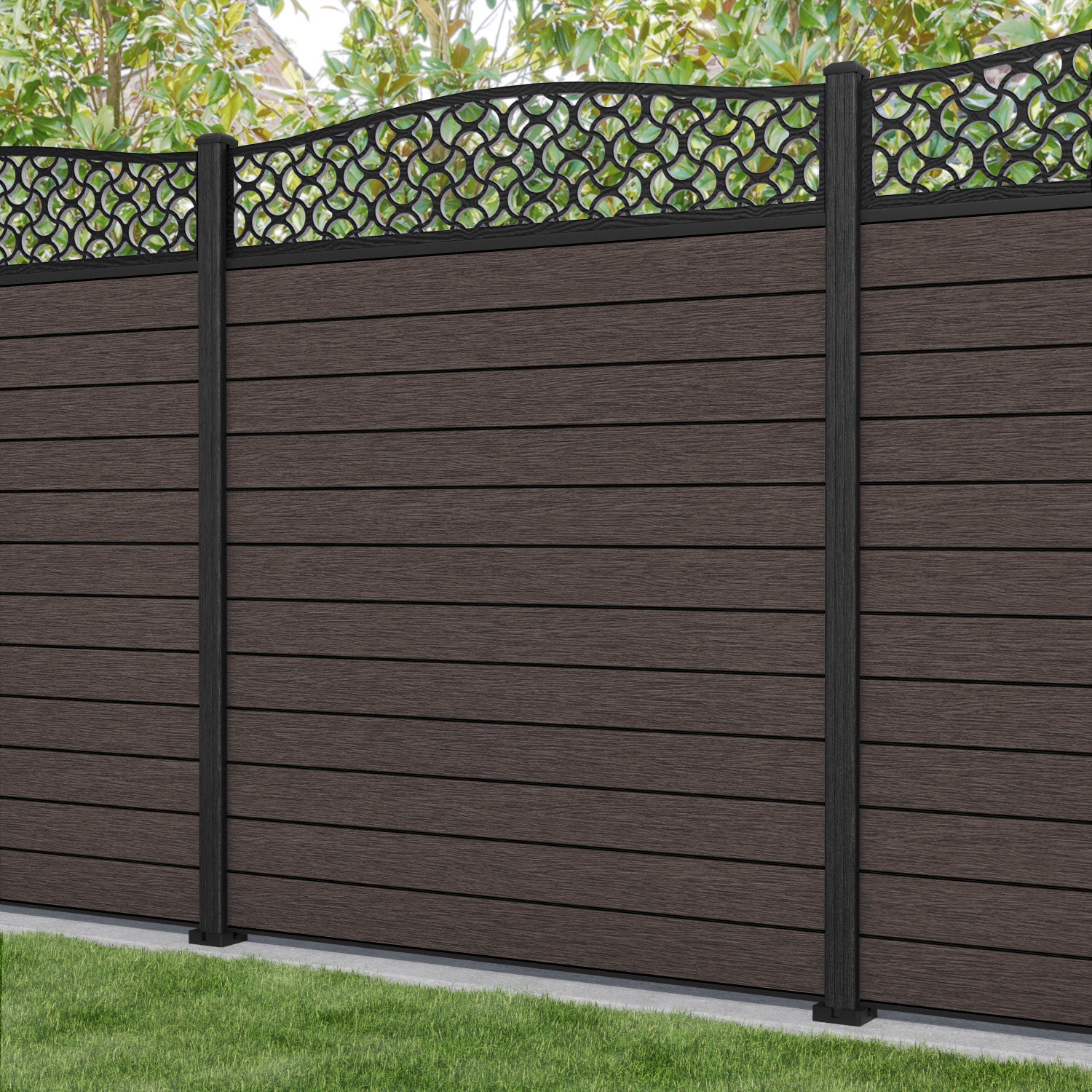 Fusion Vida Curved Top Fence Panel - Mid Brown - with our composite posts