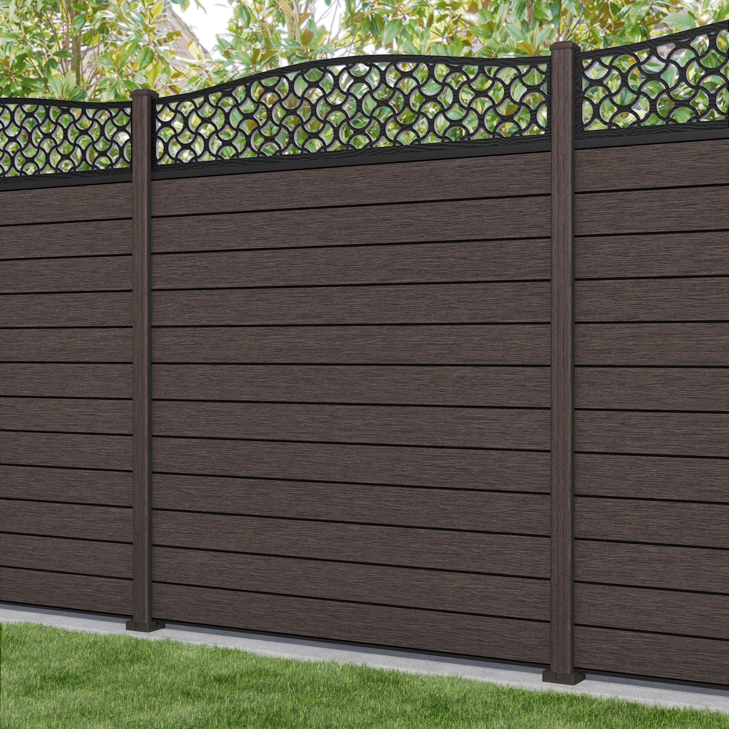 Fusion Vida Curved Top Fence Panel - Mid Brown - with our composite posts