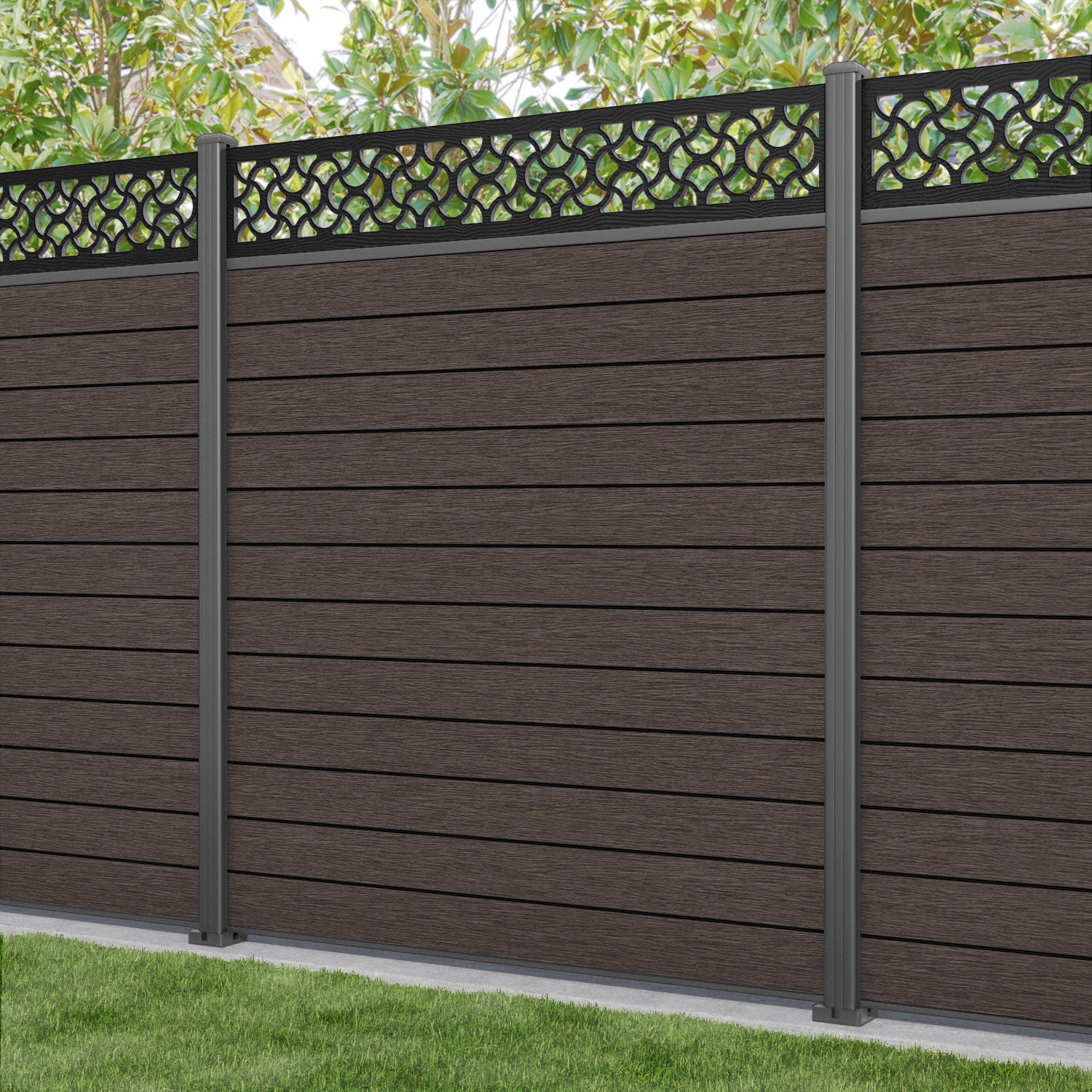 Fusion Vida Fence Panel - Mid Brown - with our aluminium posts