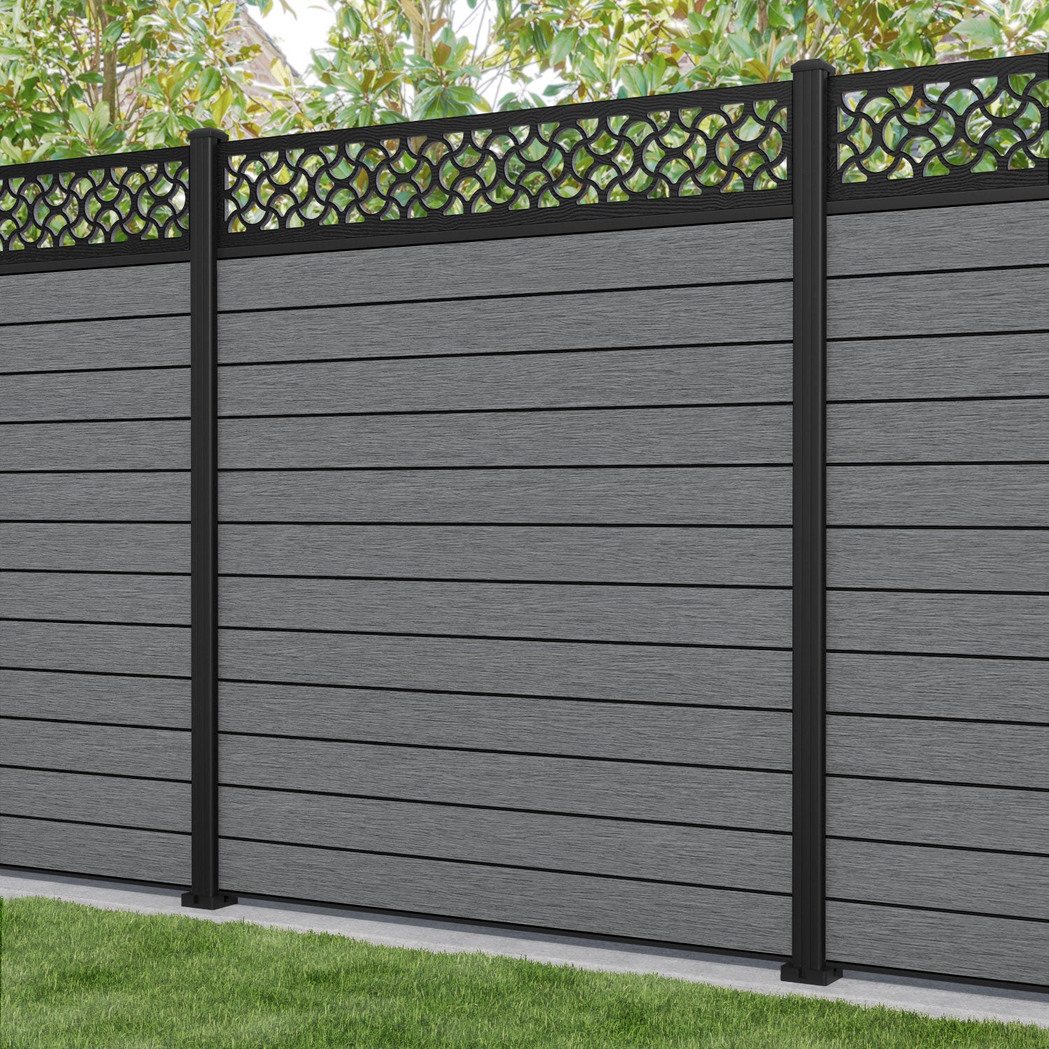 Fusion Vida Fence Panel - Mid Grey - with our aluminium posts