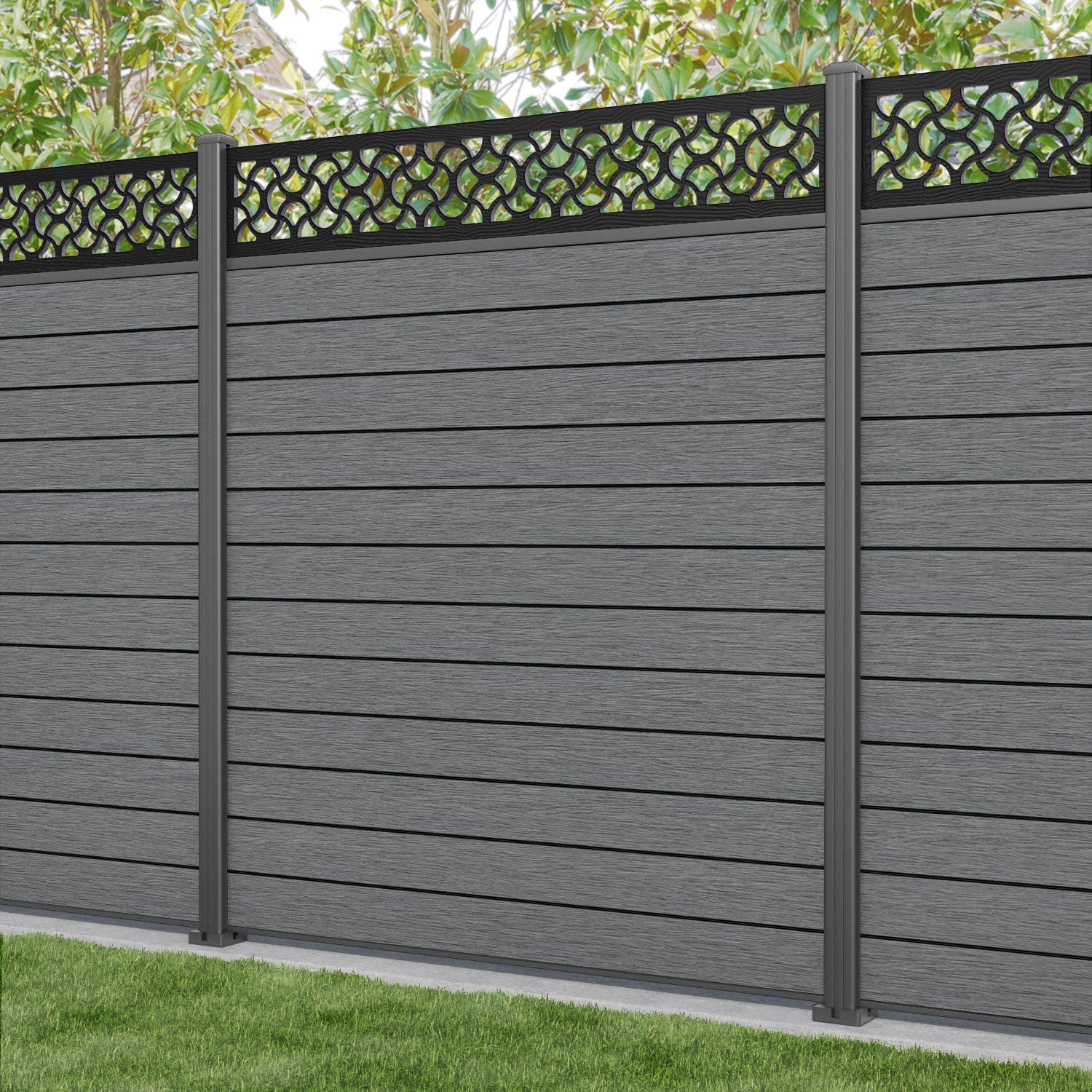 Fusion Vida Fence Panel - Mid Grey - with our aluminium posts