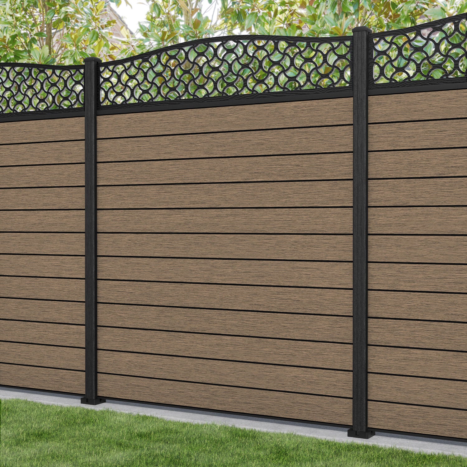 Fusion Vida Curved Top Fence Panel - Teak - with our composite posts