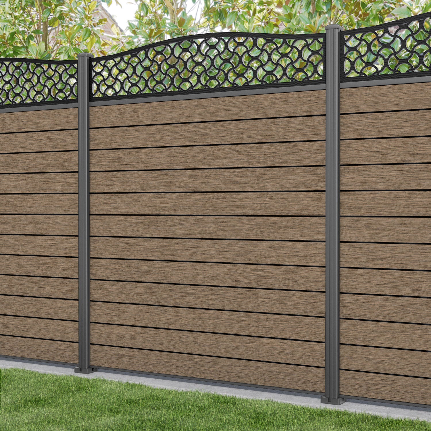 Fusion Vida Curved Top Fence Panel - Teak - with our aluminium posts