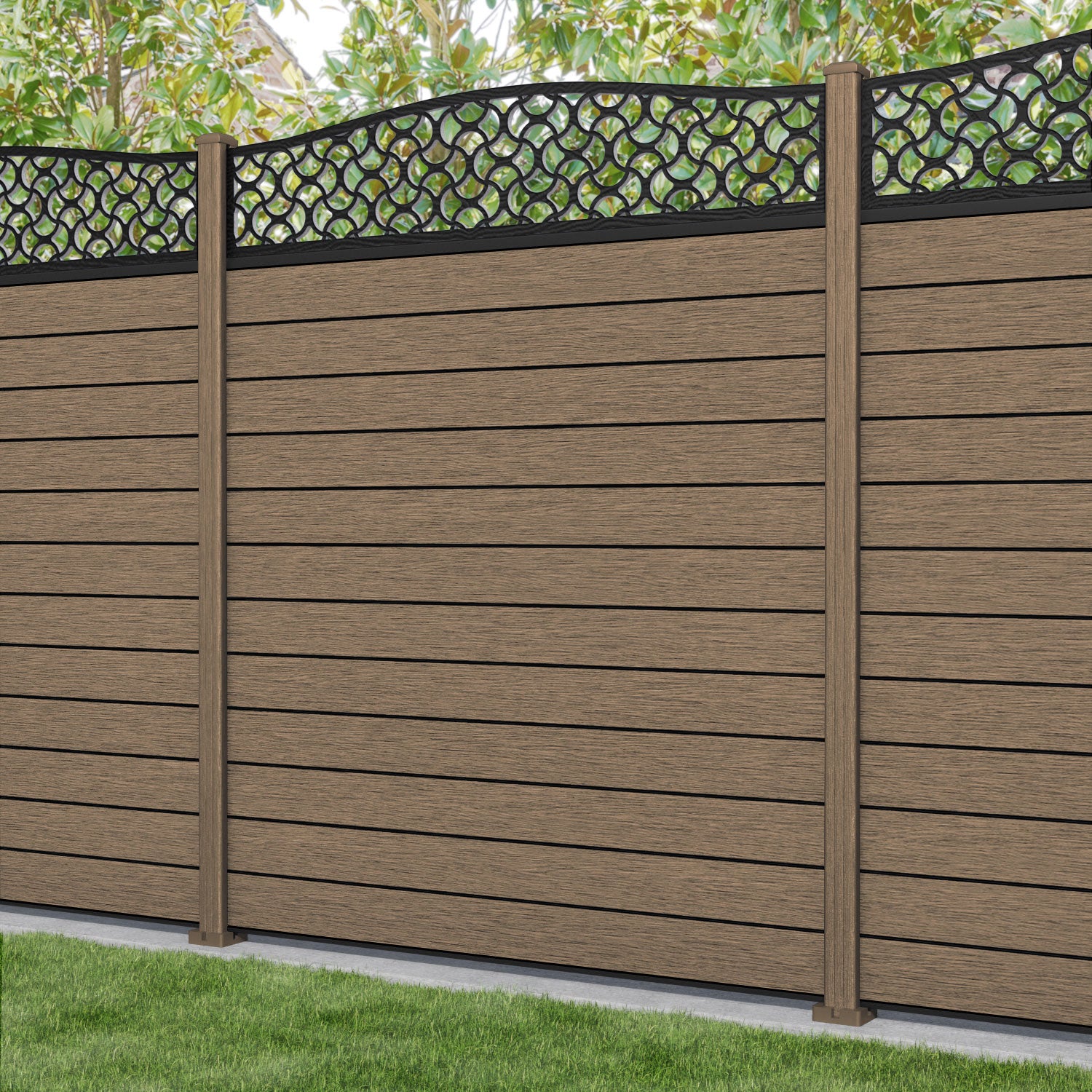 Fusion Vida Curved Top Fence Panel - Teak - with our composite posts