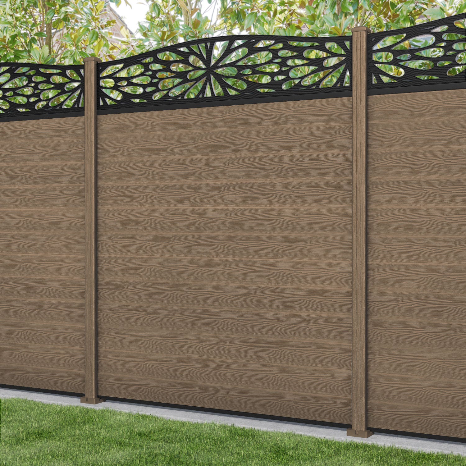 Classic Blossom Curved Top Fence Panel - Teak - with our composite posts
