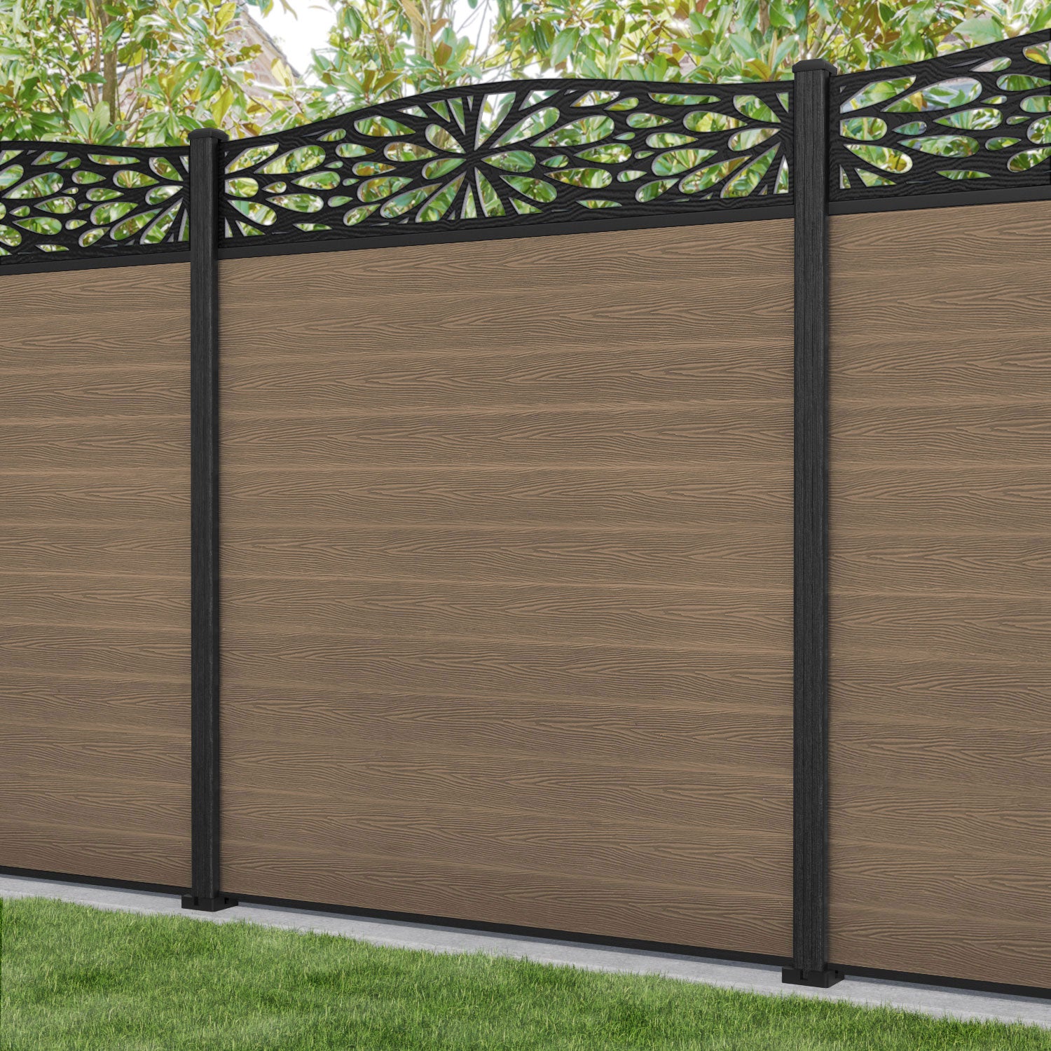 Classic Blossom Curved Top Fence Panel - Teak - with our composite posts