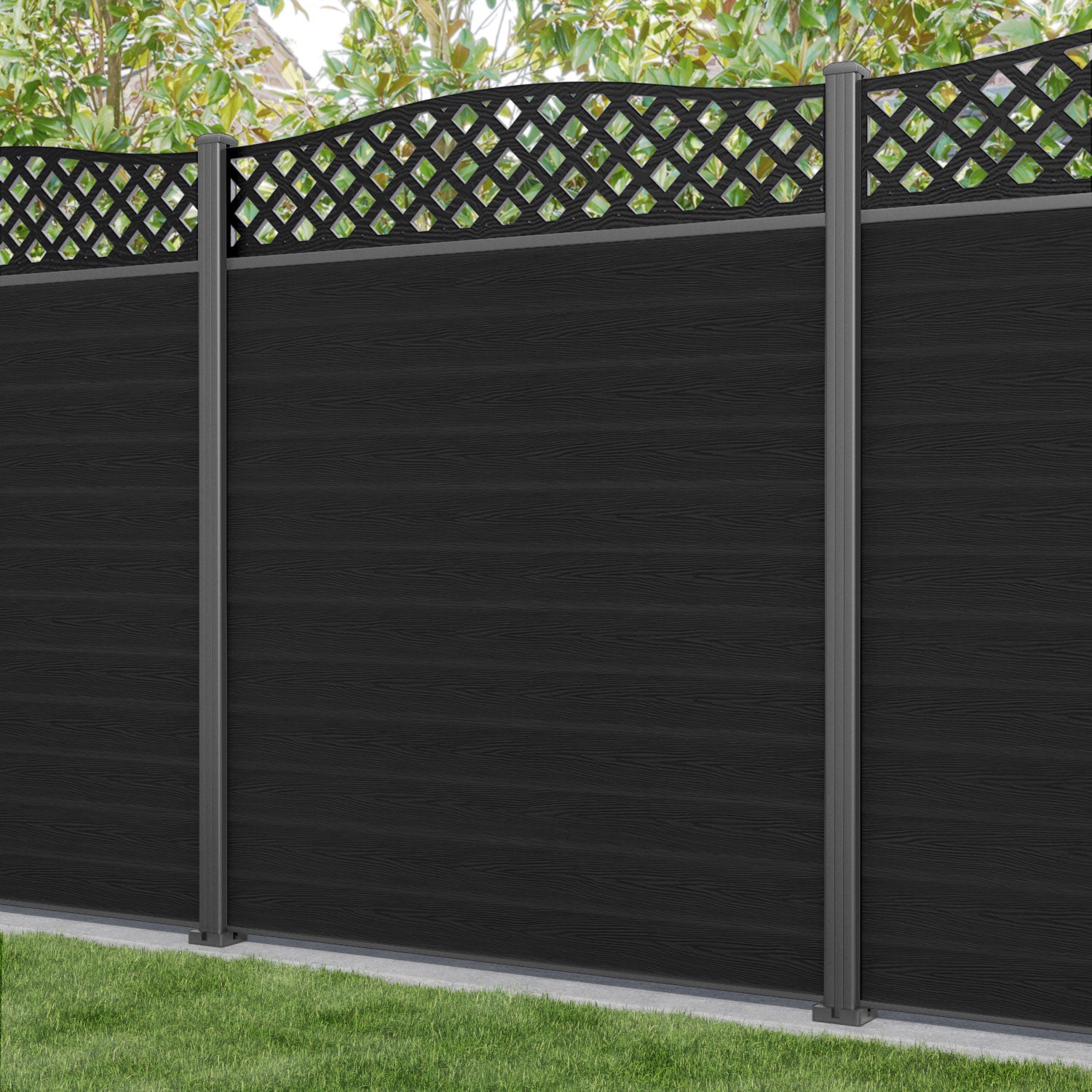 Classic High Wave Fence Panel - Black - with our aluminium posts