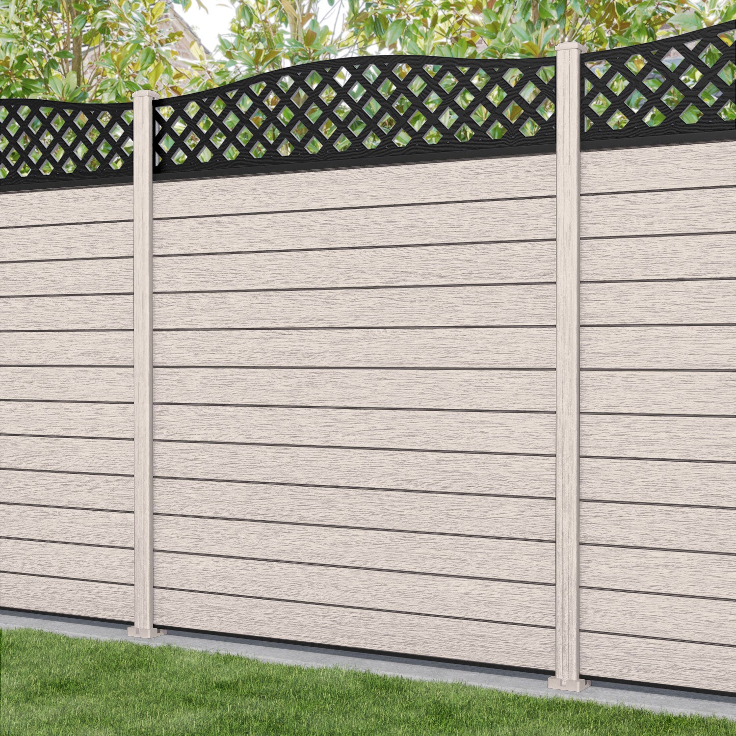 Fusion High Wave Curved Top Fence Panel - Mid Stone - with our composite posts