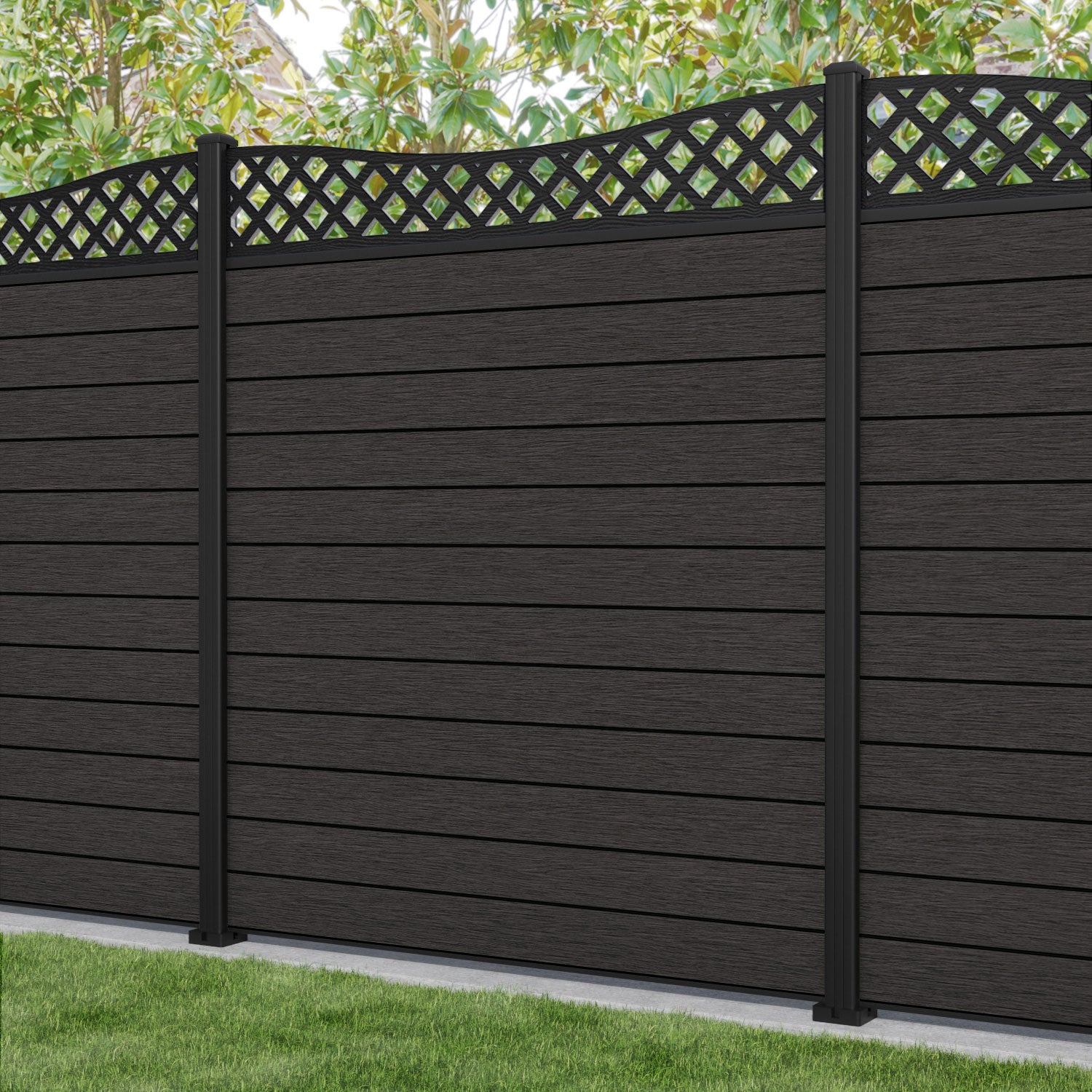 Fusion Low Wave Fence Panel - Dark Oak - with our aluminium posts