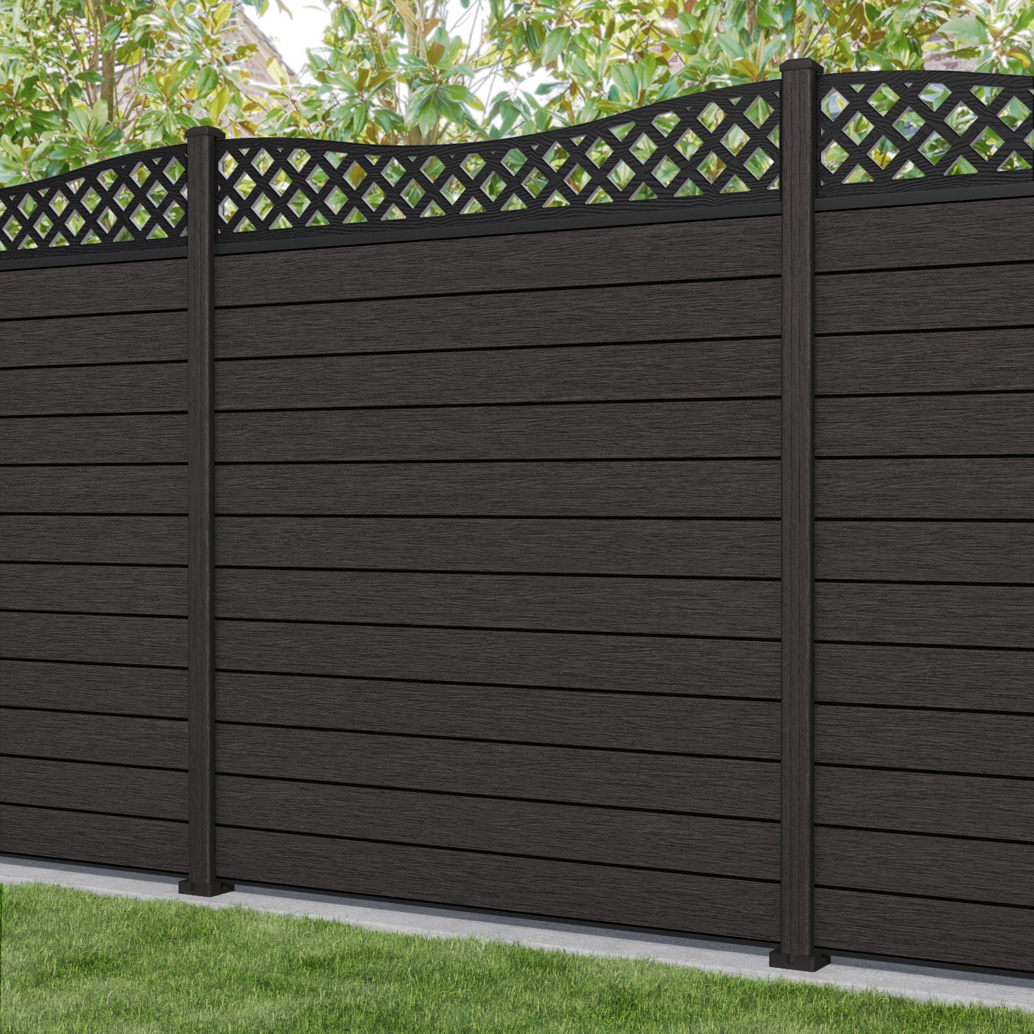 Fusion Low Wave Fence Panel - Dark Oak - with our composite posts