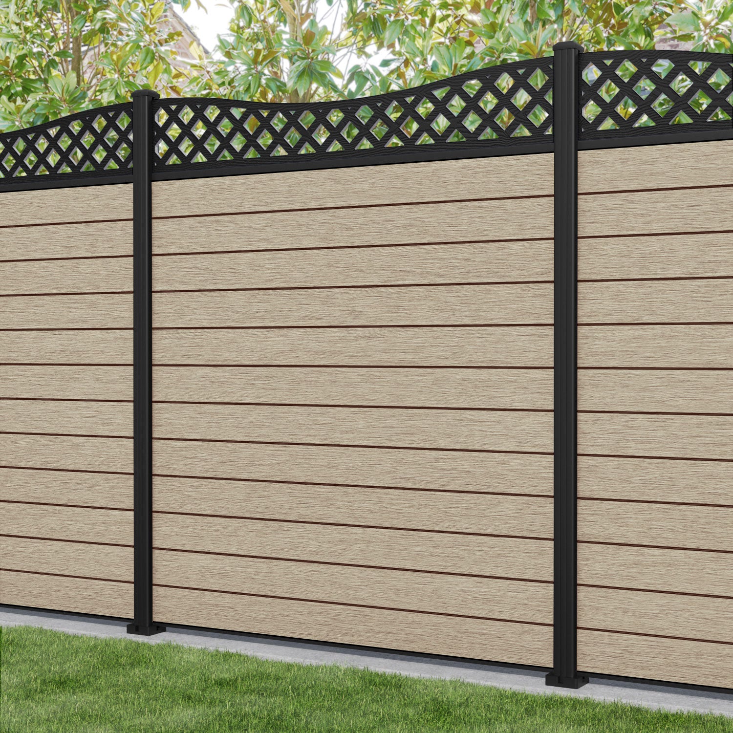Fusion Low Wave Fence Panel - Light Oak - with our aluminium posts