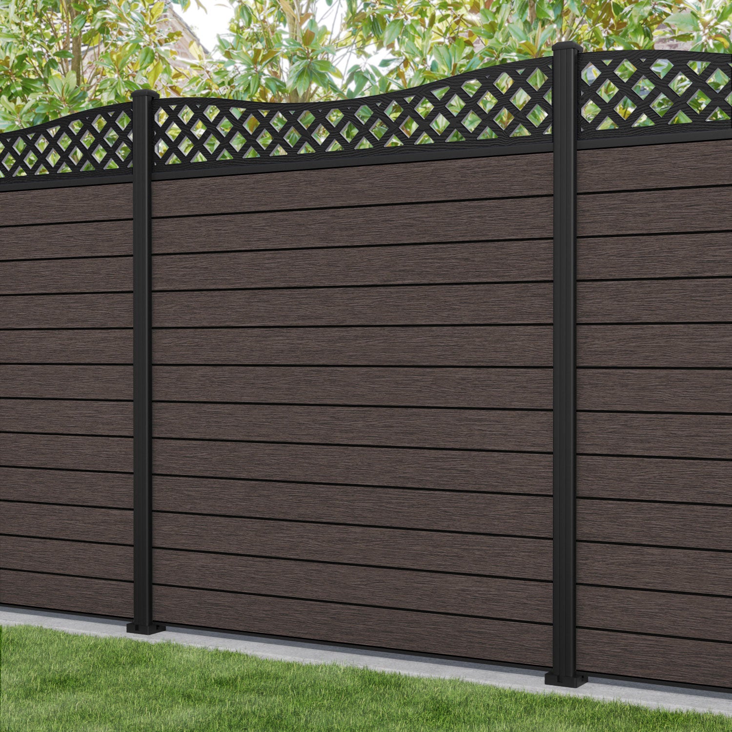 Fusion Low Wave Fence Panel - Mid Brown - with our aluminium posts