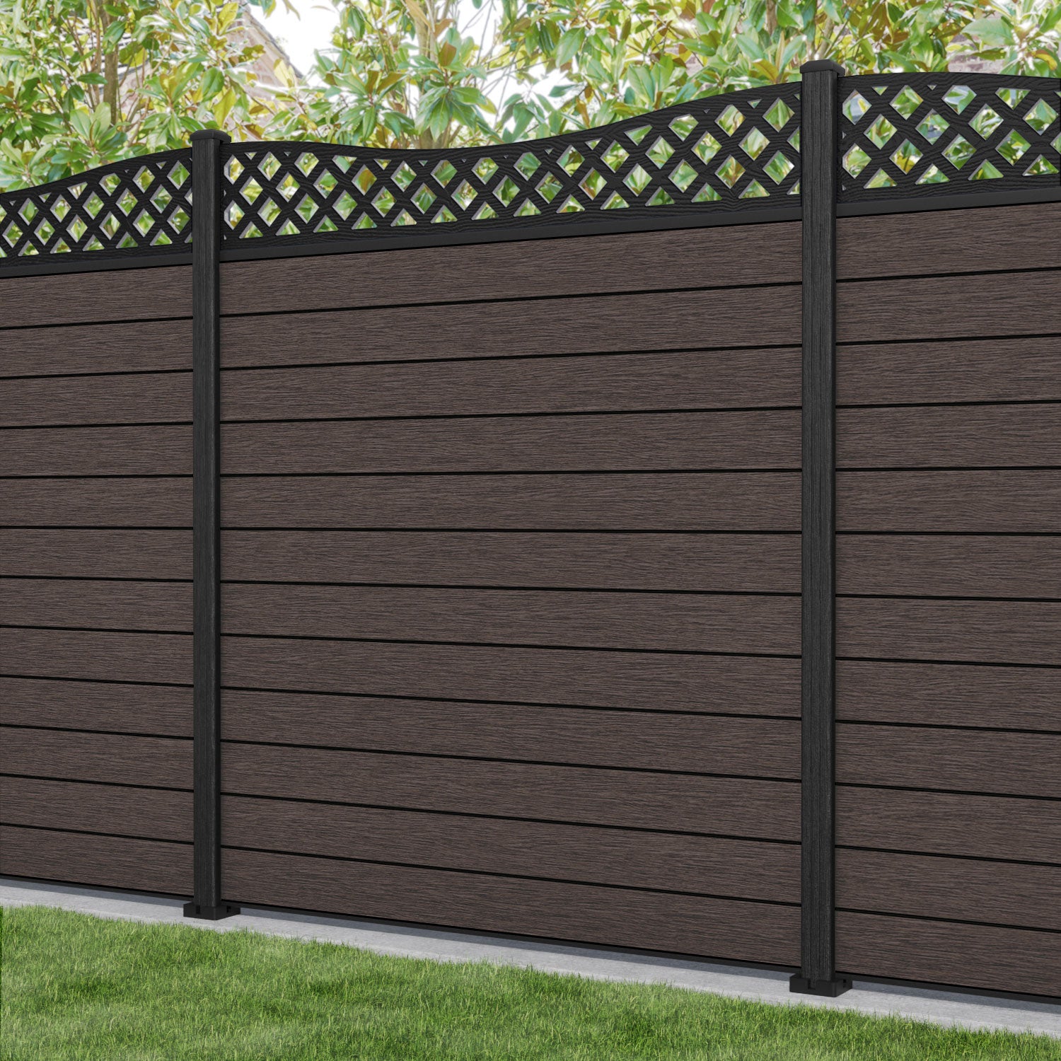 Fusion Low Wave Fence Panel - Mid Brown - with our composite posts