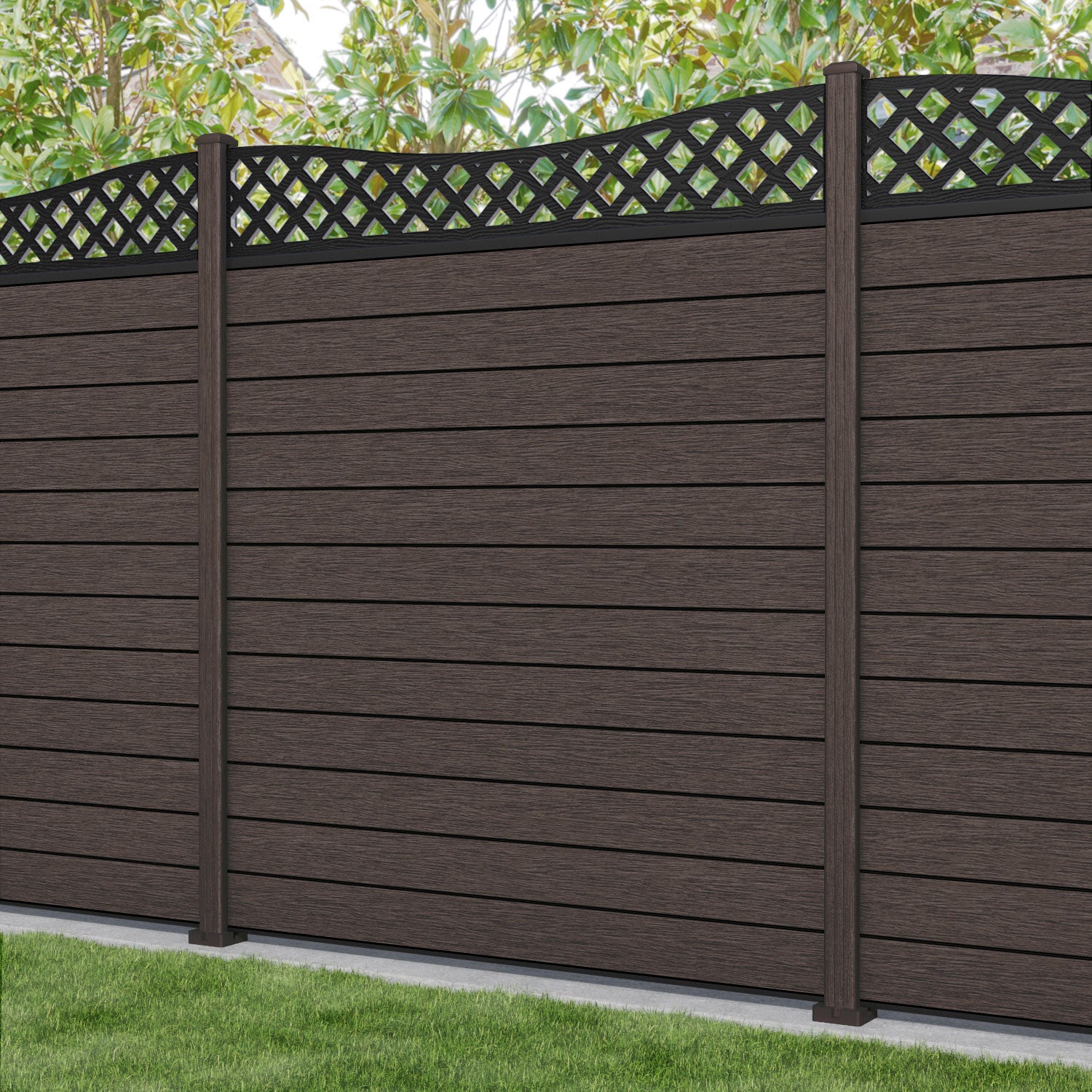 Fusion Low Wave Fence Panel - Mid Brown - with our composite posts