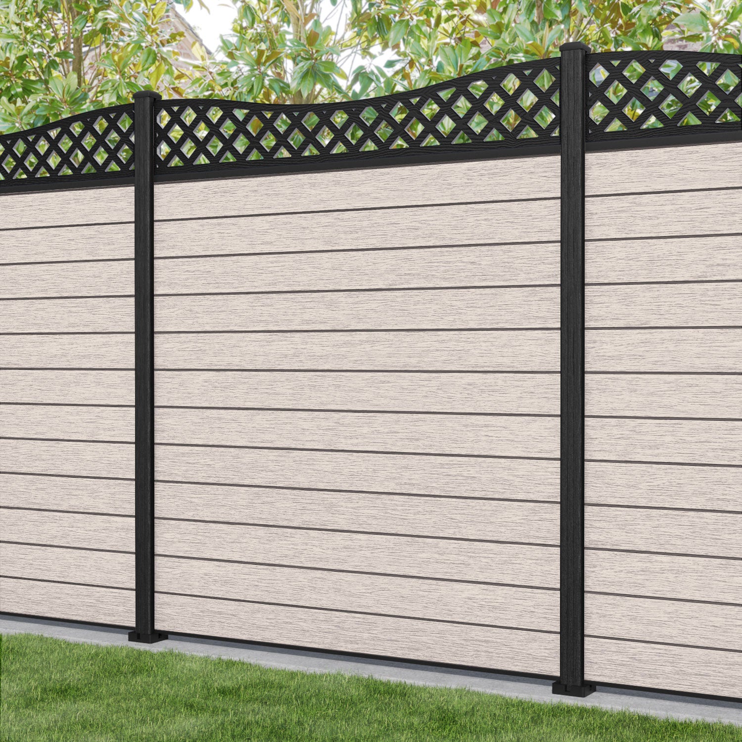 Fusion Low Wave Curved Top Fence Panel - Mid Stone - with our composite posts