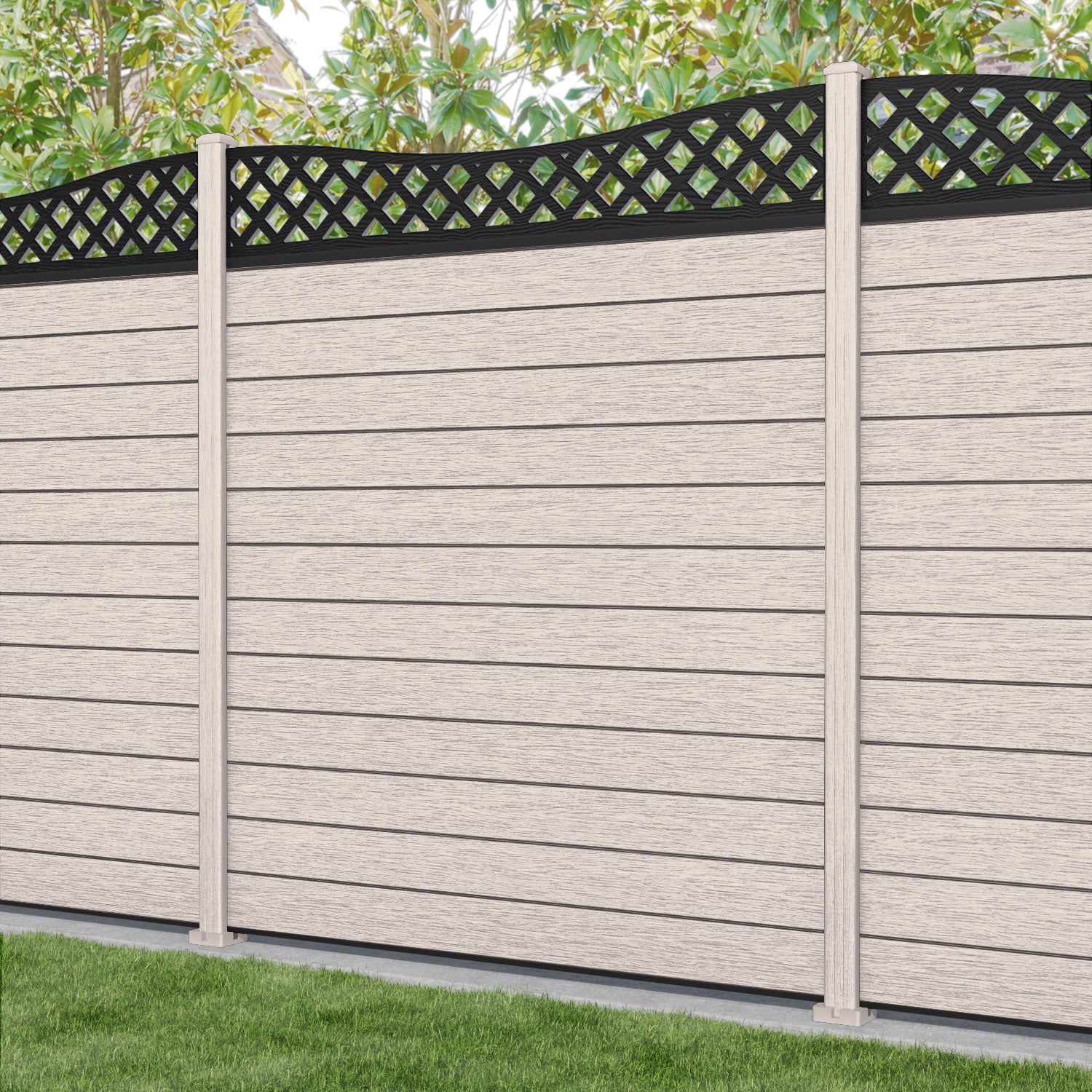 Fusion Low Wave Curved Top Fence Panel - Mid Stone - with our composite posts