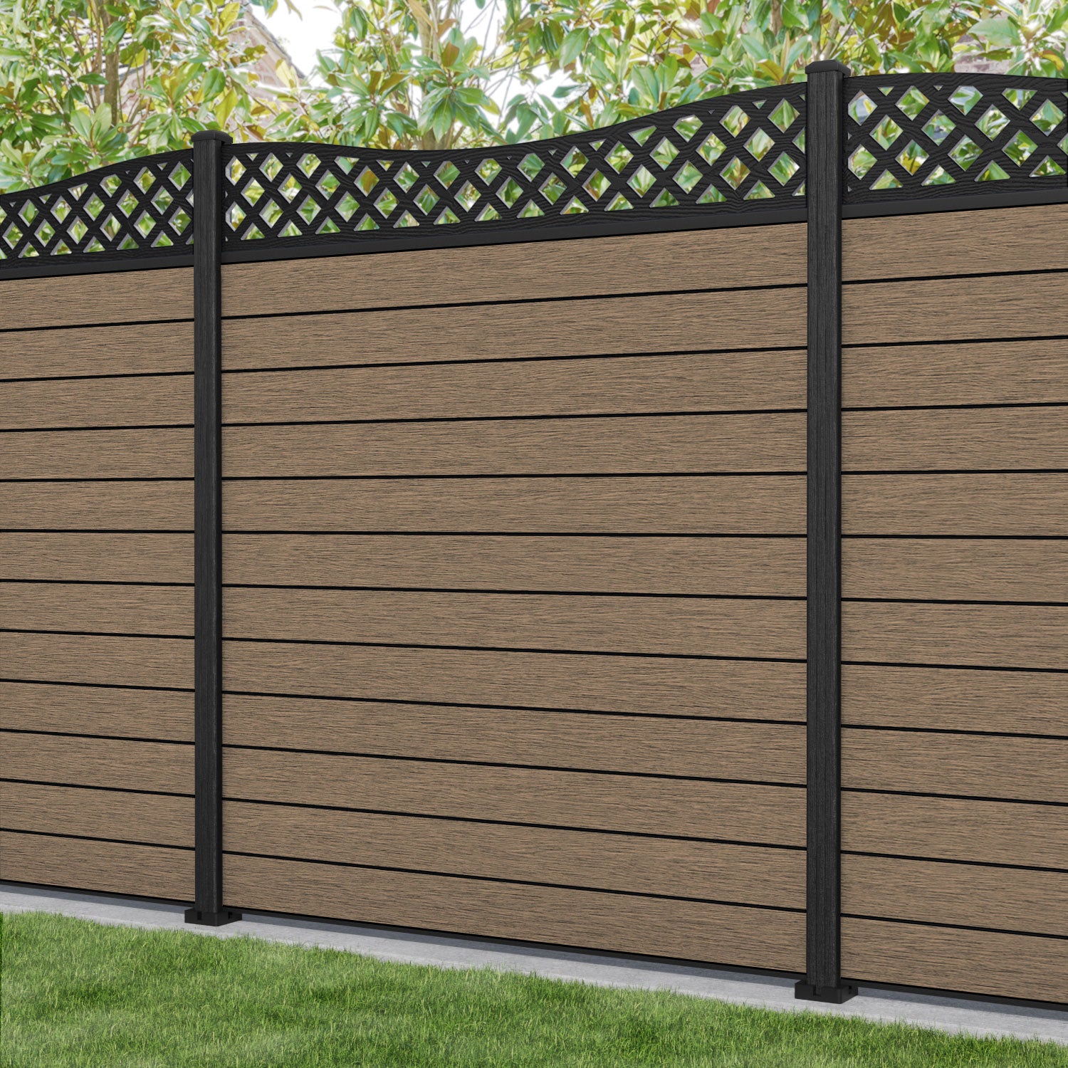 Fusion Low Wave Fence Panel - Teak - with our composite posts