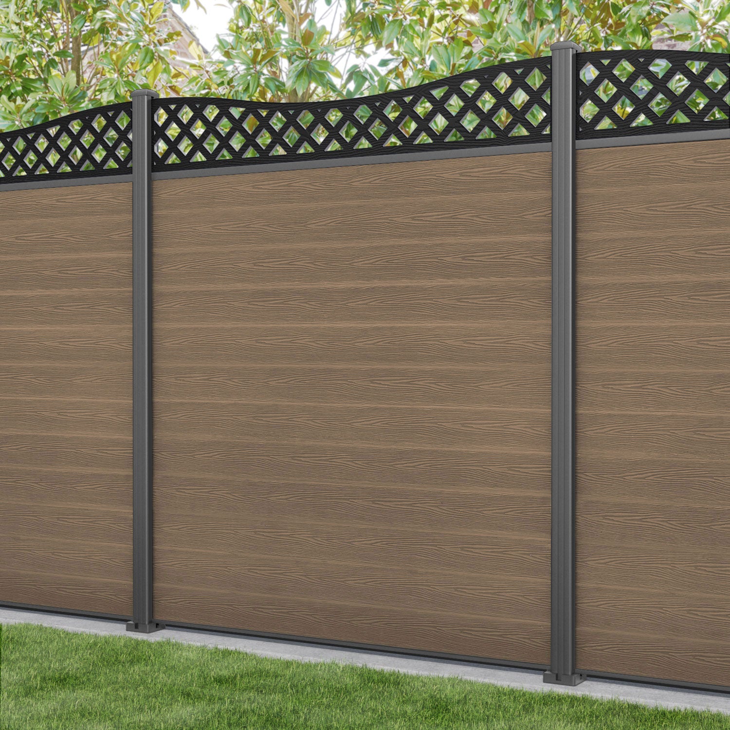 Classic Low Wave Fence Panel - Teak - with our aluminium posts