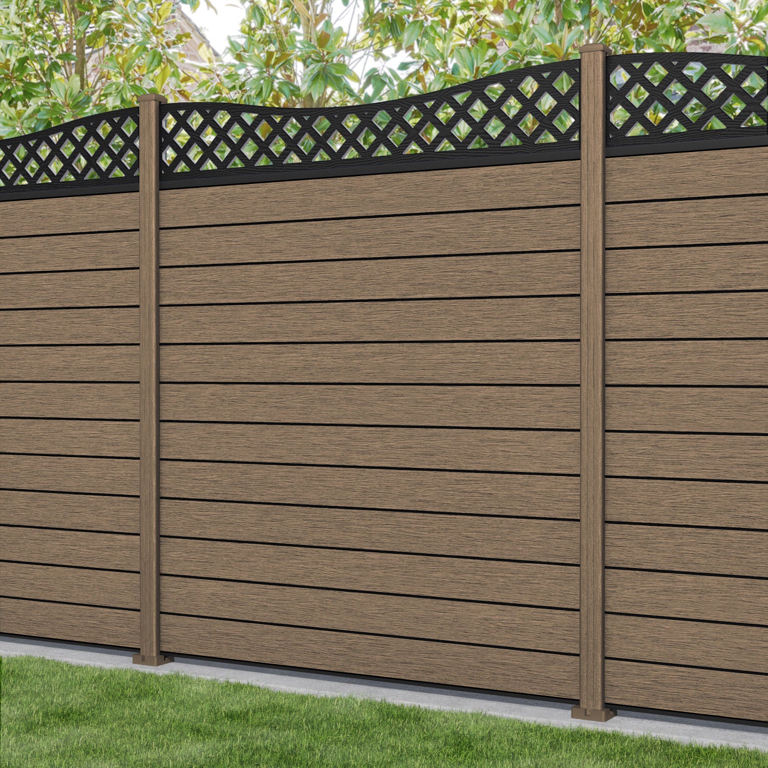 Fusion Low Wave Fence Panel - Teak - with our composite posts