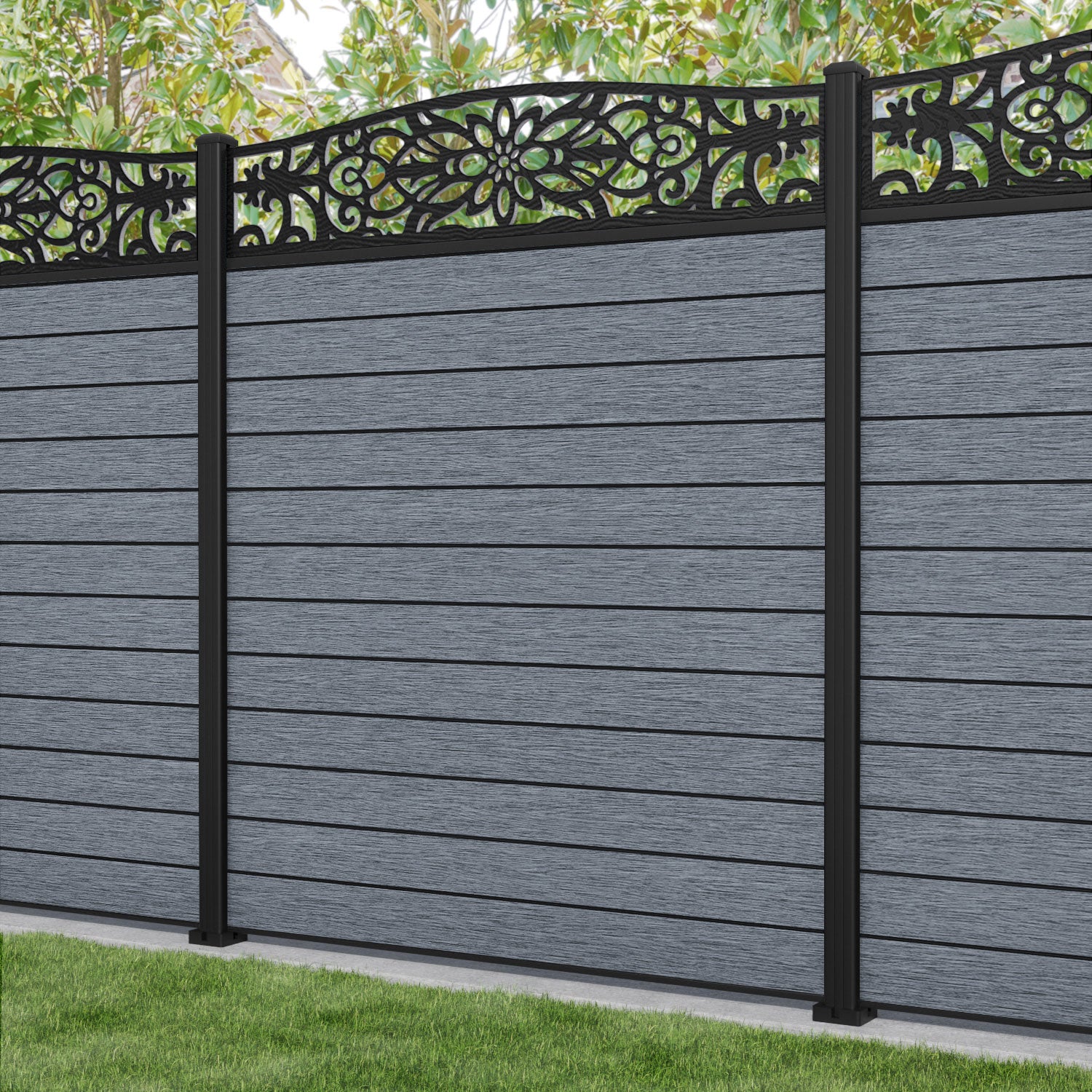 Fusion Windsor Curved Top Fence Panel - Anthracite - with our aluminium posts