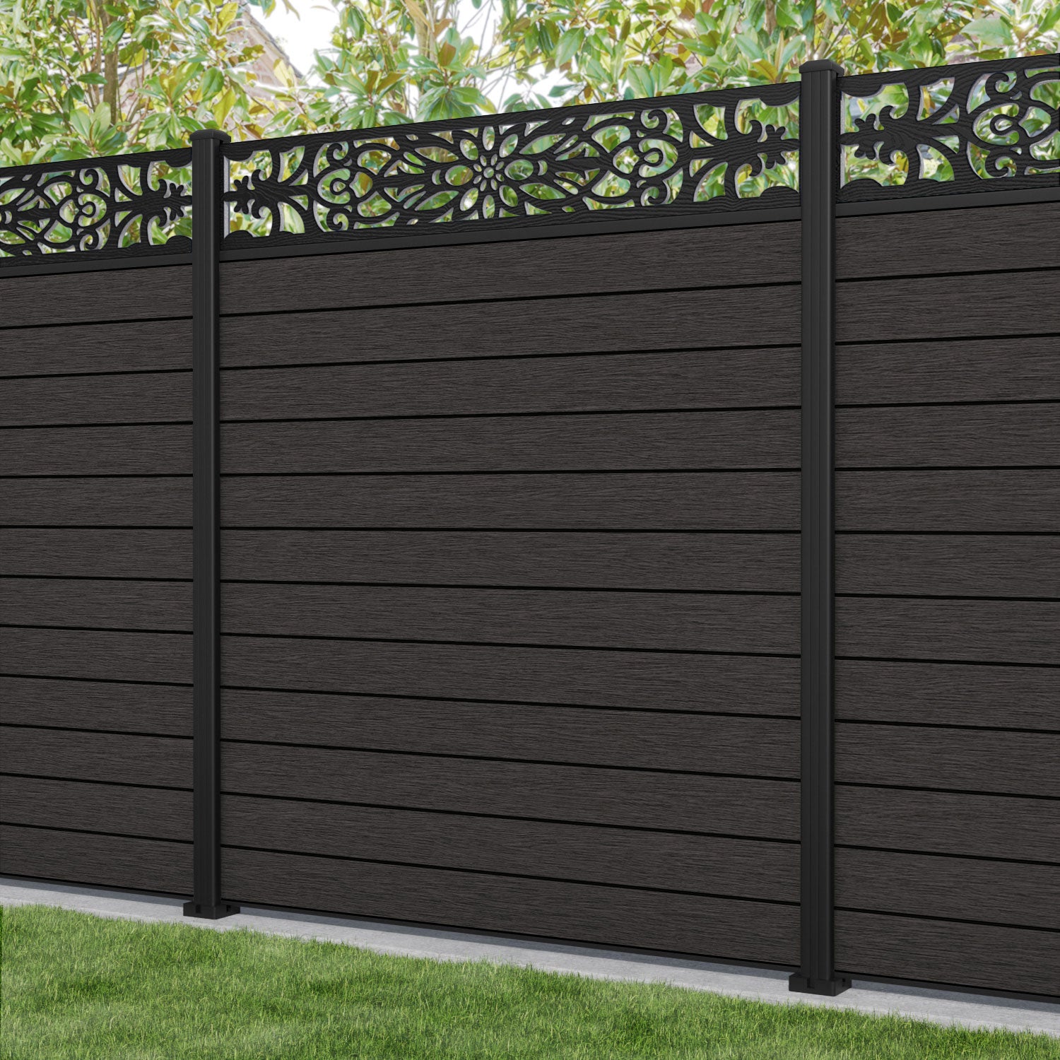 Fusion Windsor Fence Panel - Dark Oak - with our aluminium posts