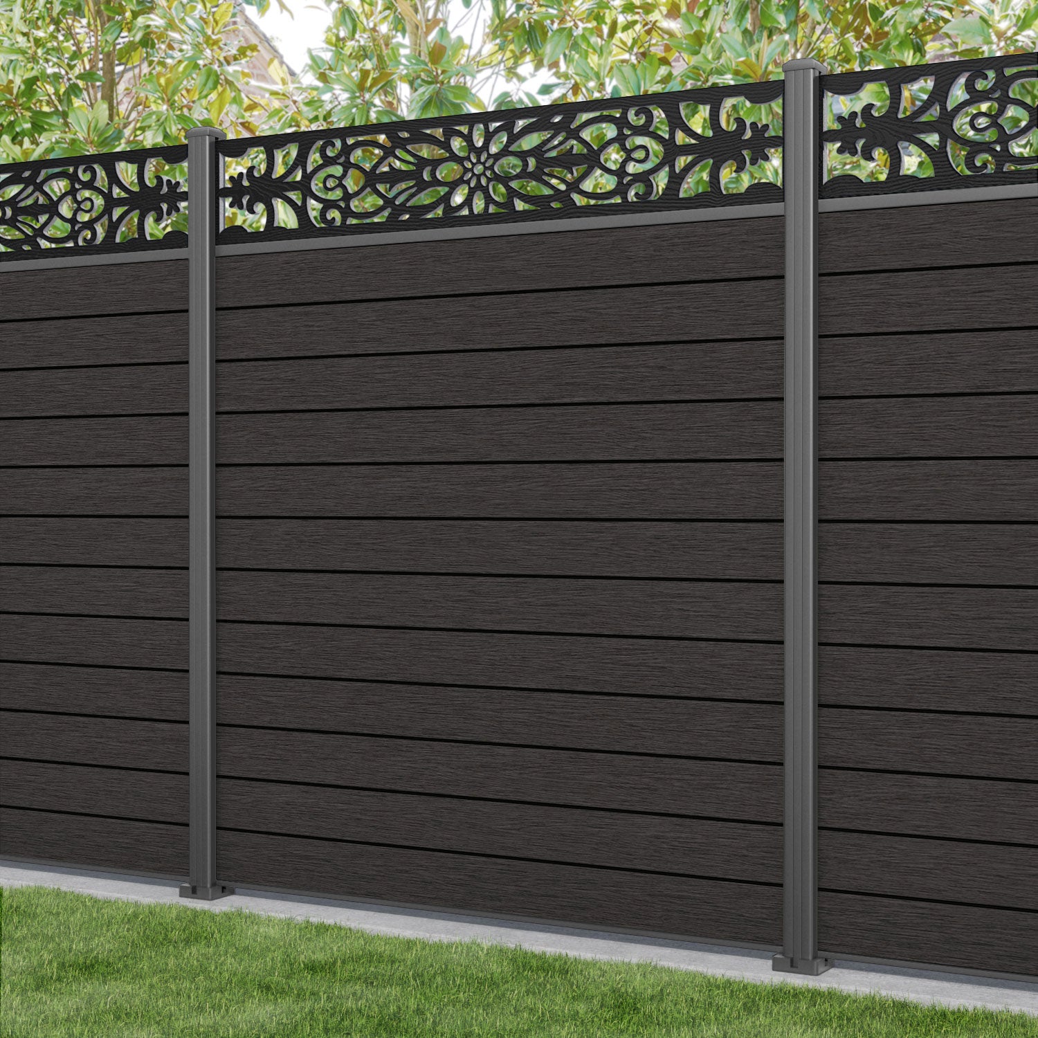 Fusion Windsor Fence Panel - Dark Oak - with our aluminium posts