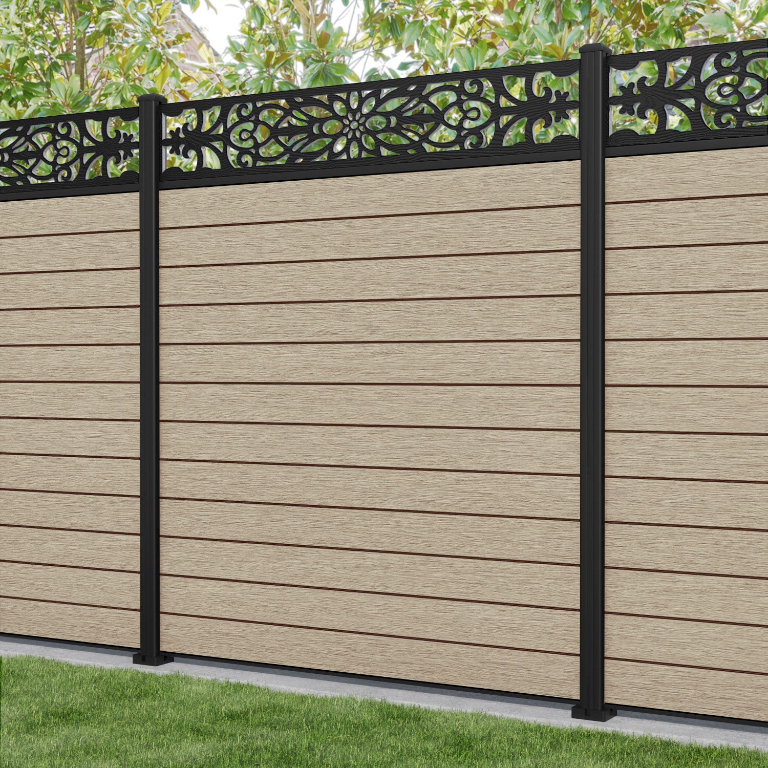 Fusion Windsor Fence Panel - Light Oak - with our aluminium posts