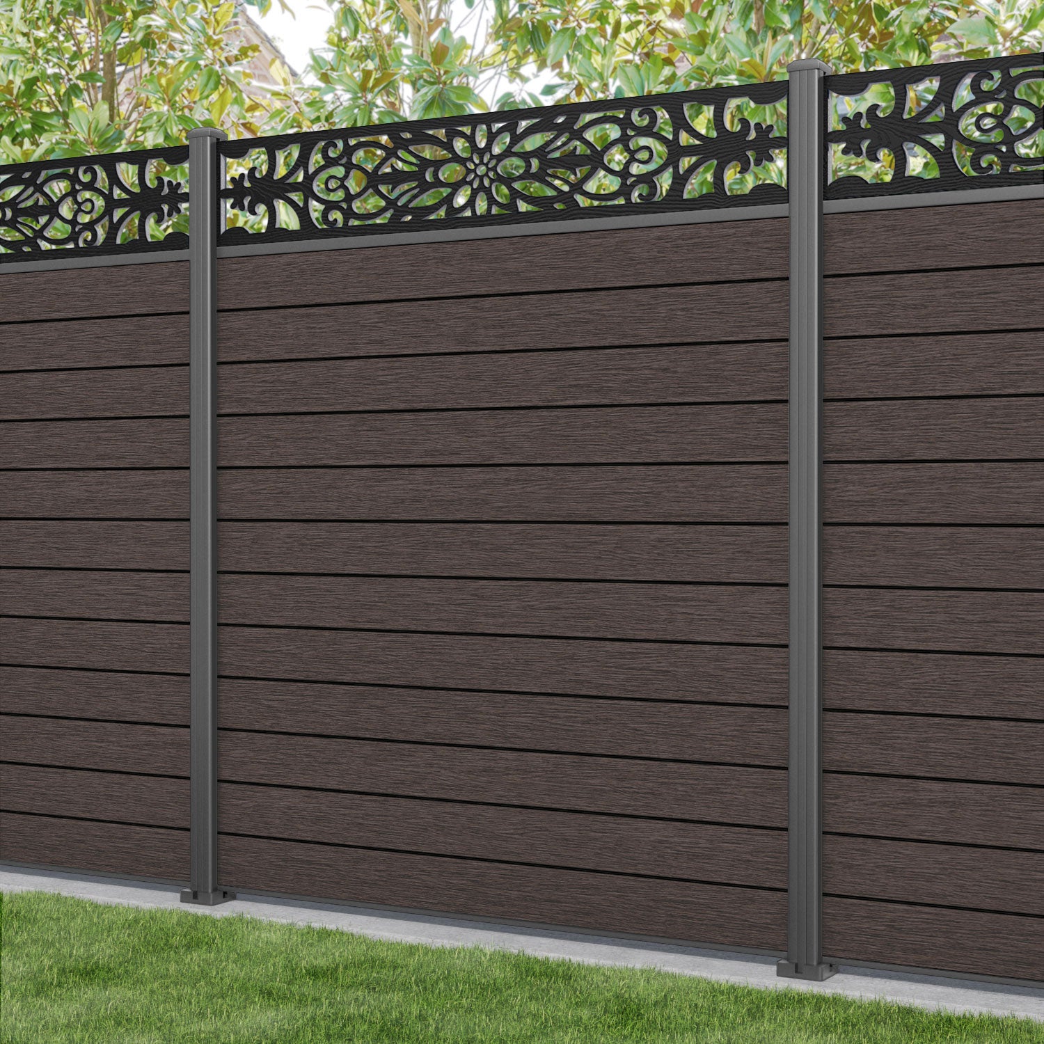 Fusion Windsor Fence Panel - Mid Brown - with our aluminium posts