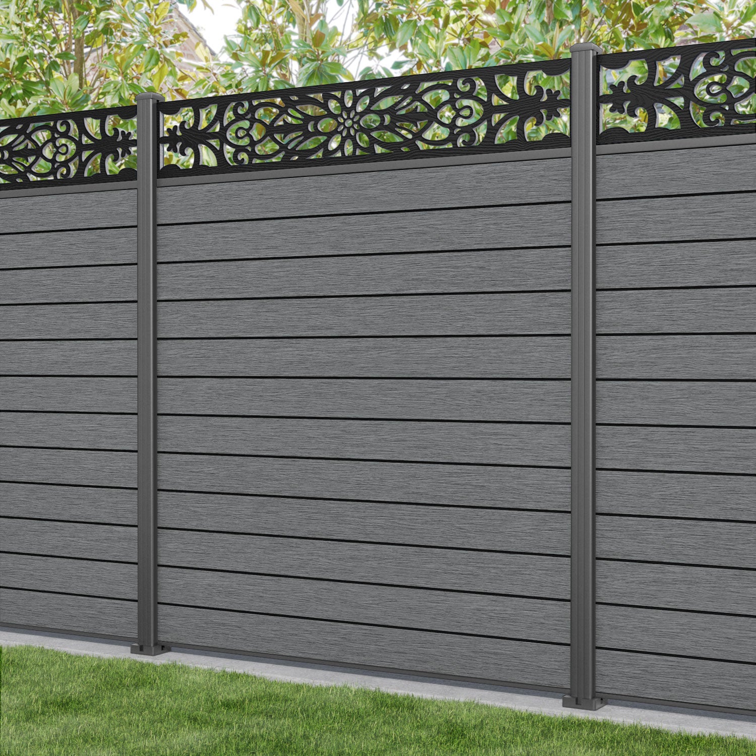 Fusion Windsor Fence Panel - Mid Grey - with our aluminium posts