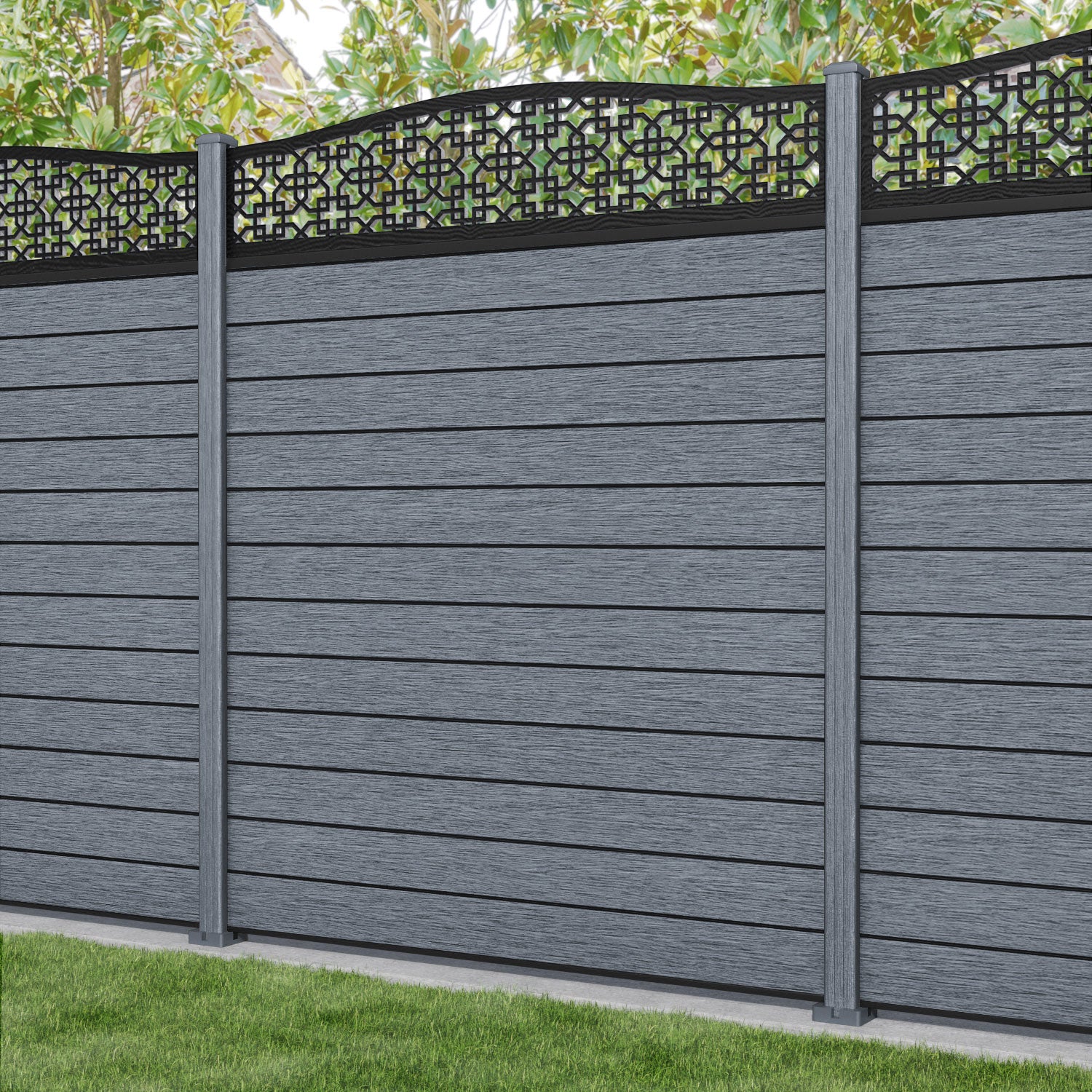 Fusion Zaria Curved Top Fence Panel - Anthracite - with our composite posts