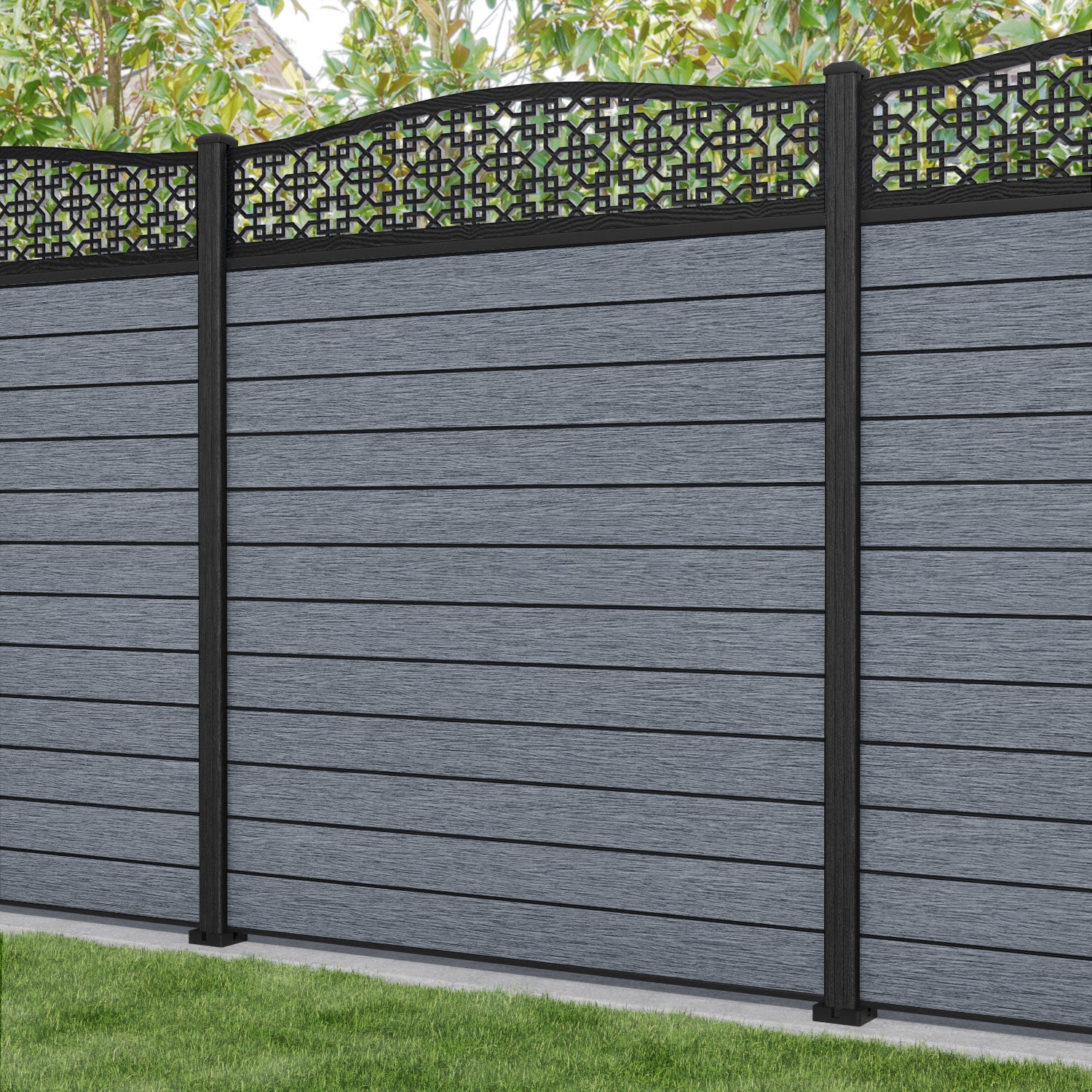 Fusion Zaria Curved Top Fence Panel - Anthracite - with our composite posts