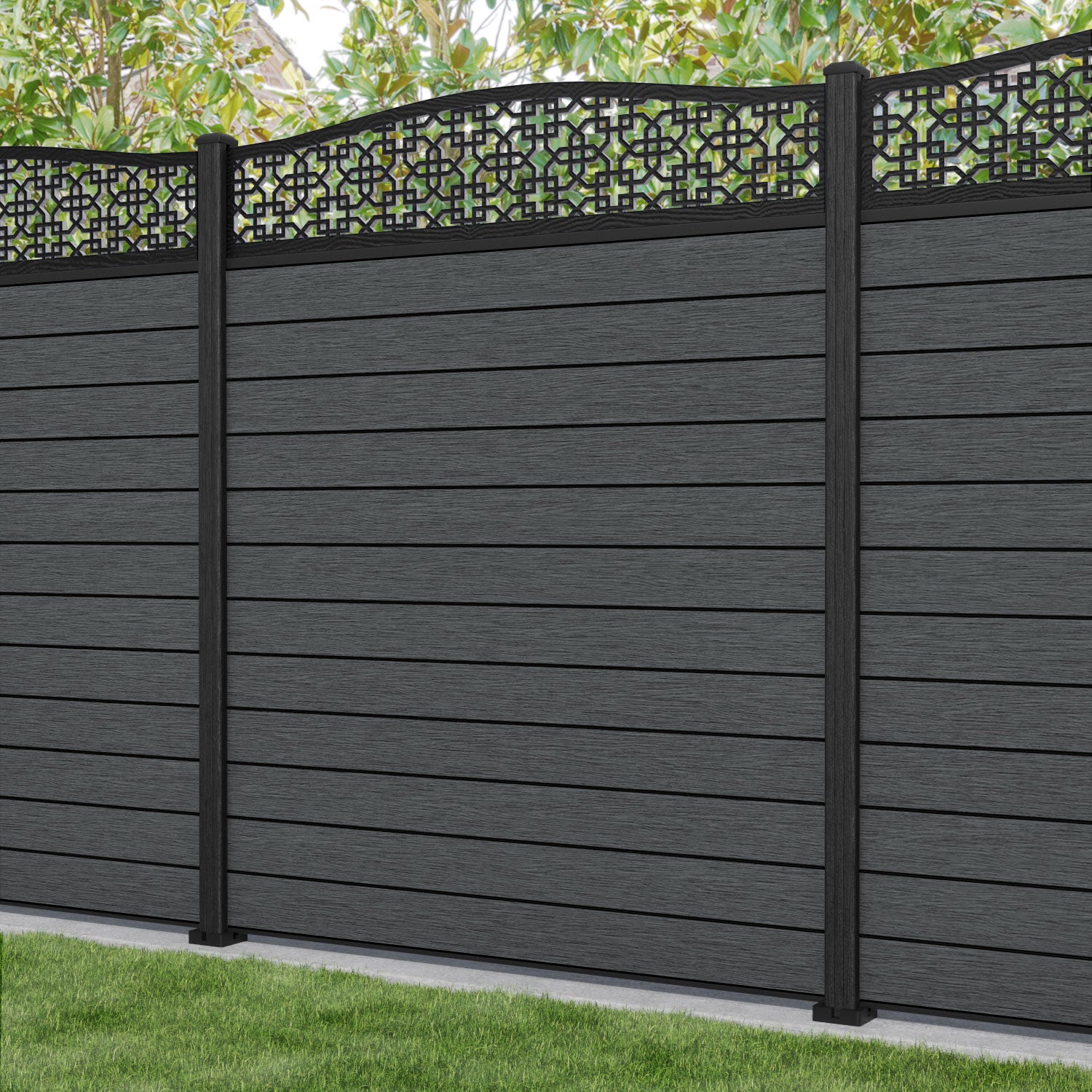 Fusion Zaria Curved Top Fence Panel - Dark Grey - with our composite posts