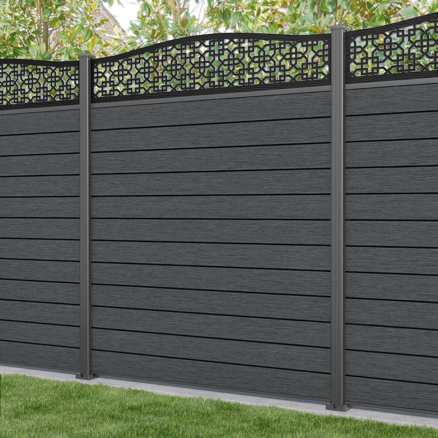 Fusion Zaria Curved Top Fence Panel - Dark Grey - with our aluminium posts