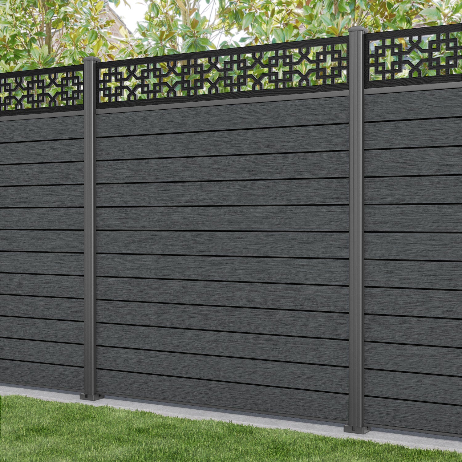 Fusion Zaria Fence Panel - Dark Grey - with our aluminium posts