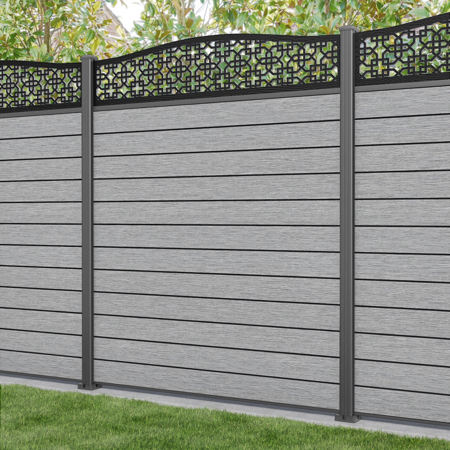 Fusion Zaria Curved Top Fence Panel - Light Grey - with our aluminium posts