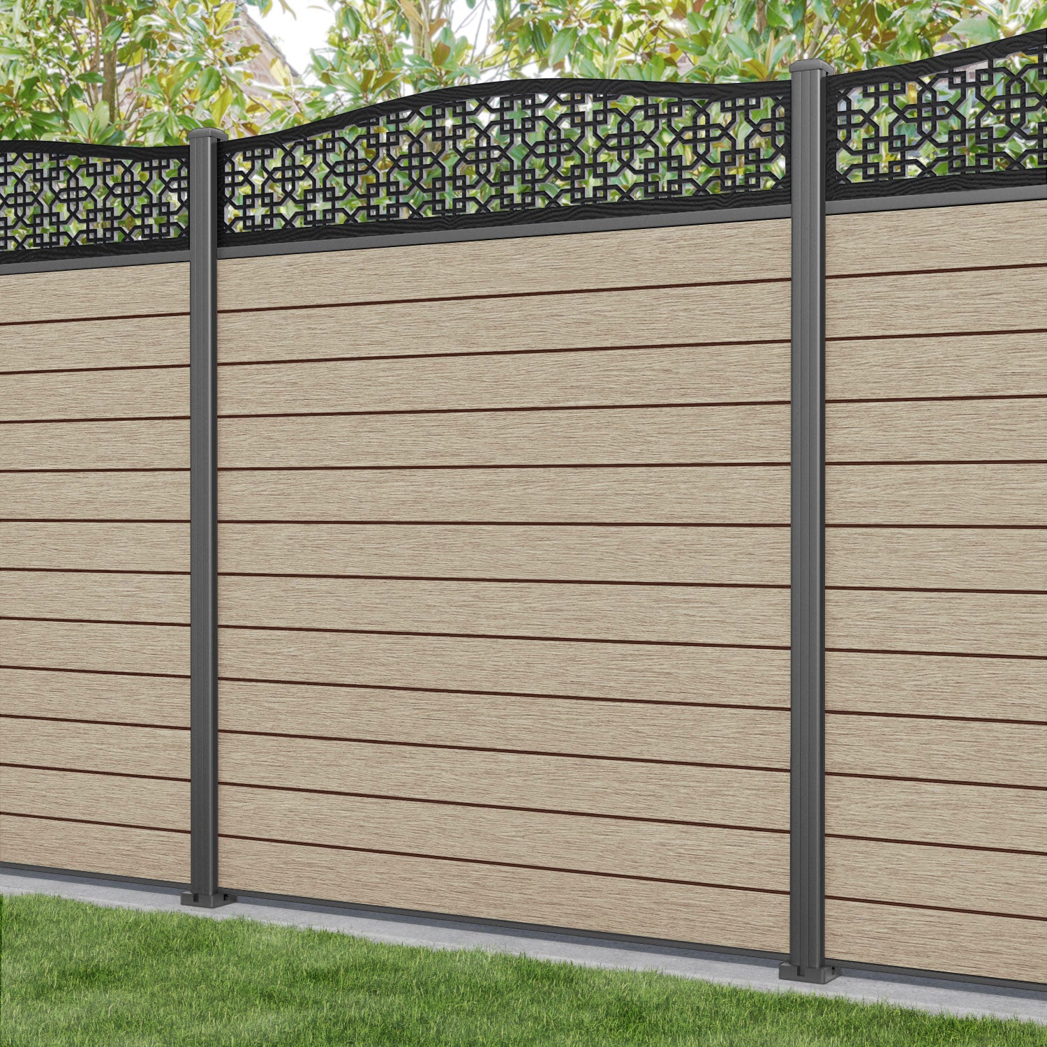 Fusion Zaria Curved Top Fence Panel - Light Oak - with our aluminium posts