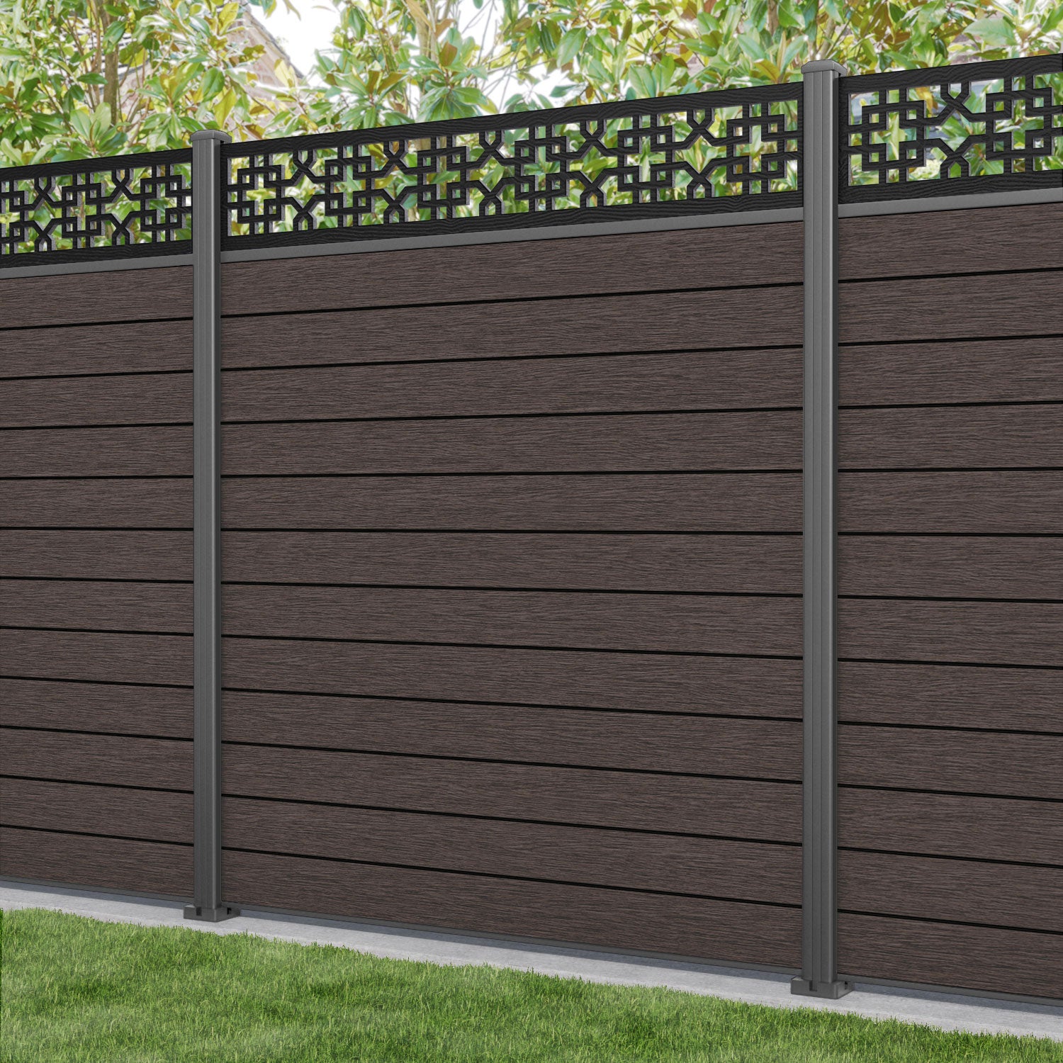 Fusion Zaria Fence Panel - Mid Brown - with our aluminium posts