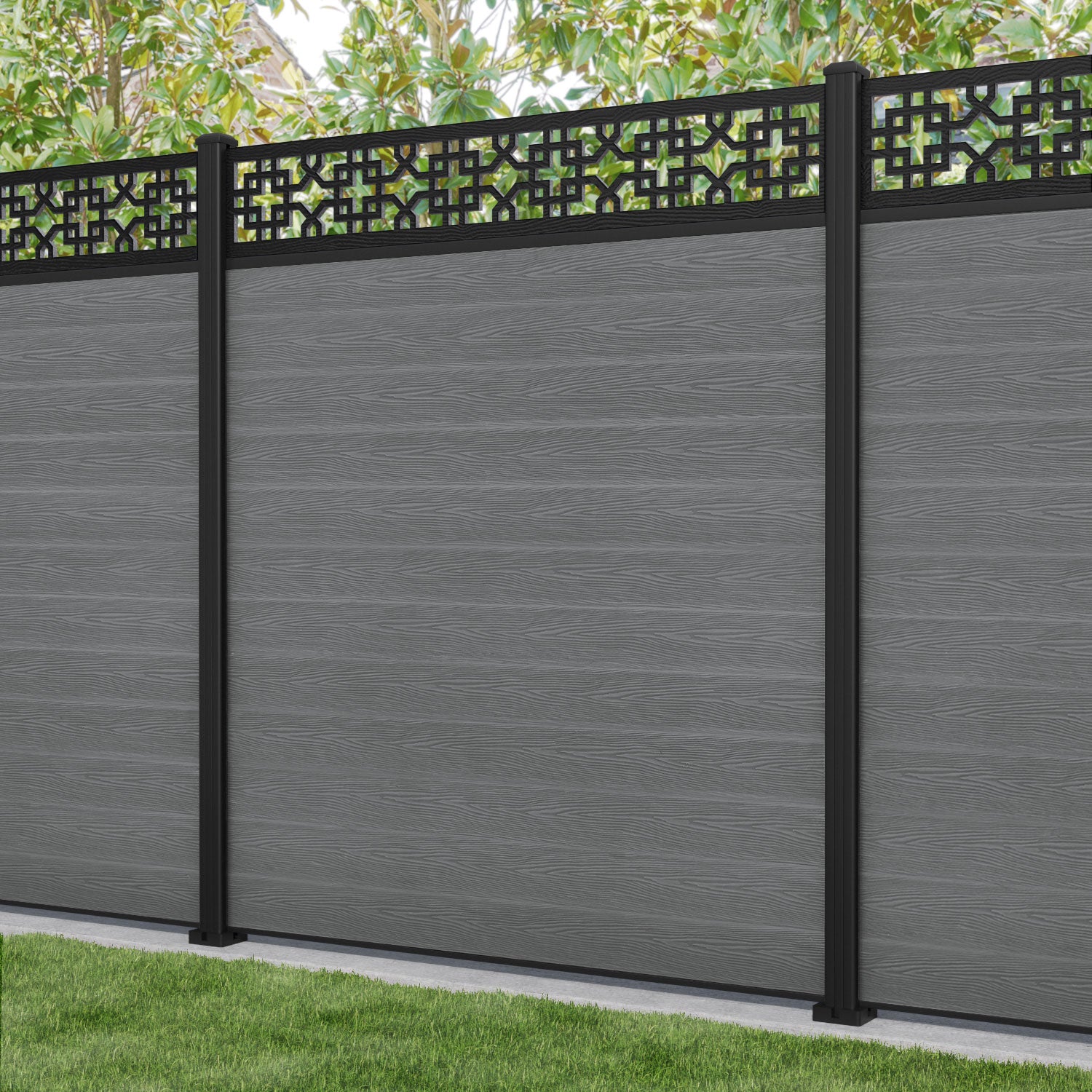 Classic Zaria Fence Panel - Mid Grey - with our aluminium posts