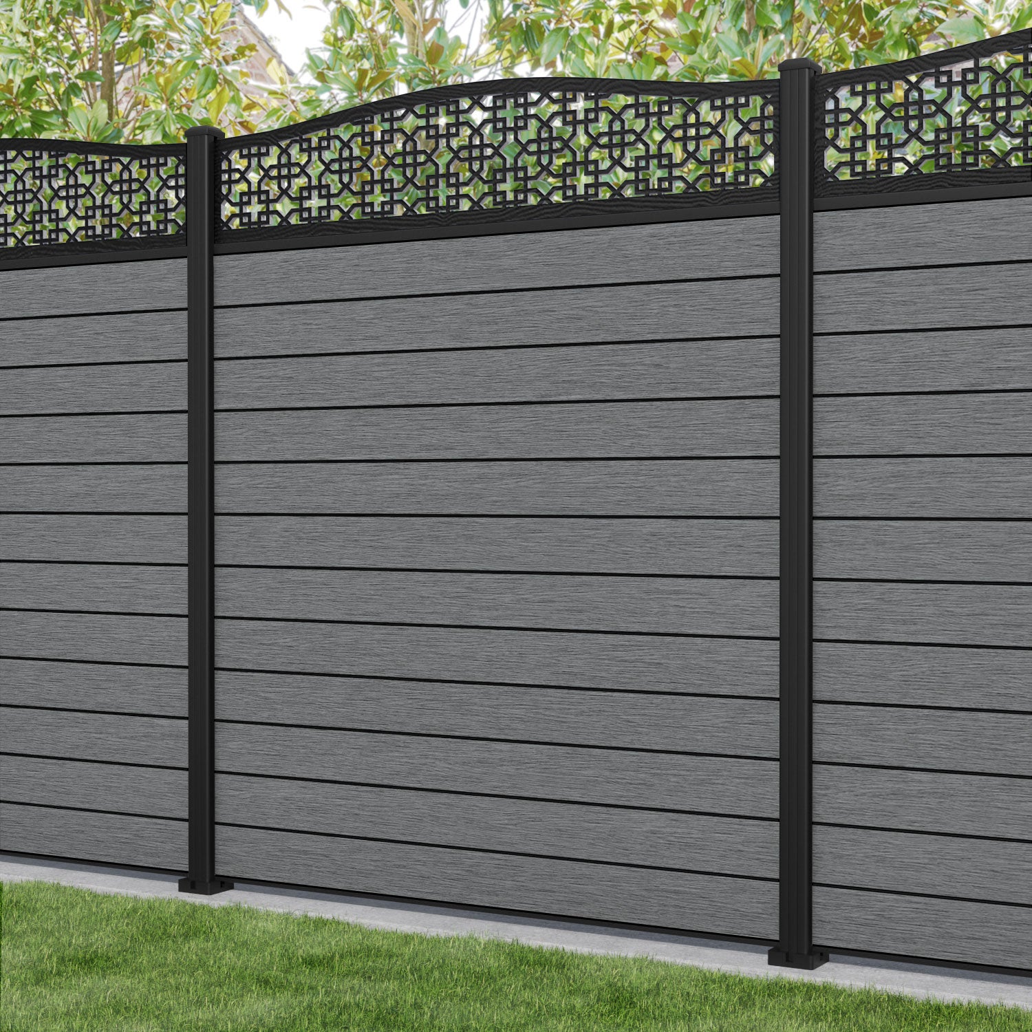 Fusion Zaria Curved Top Fence Panel - Mid Grey - with our aluminium posts