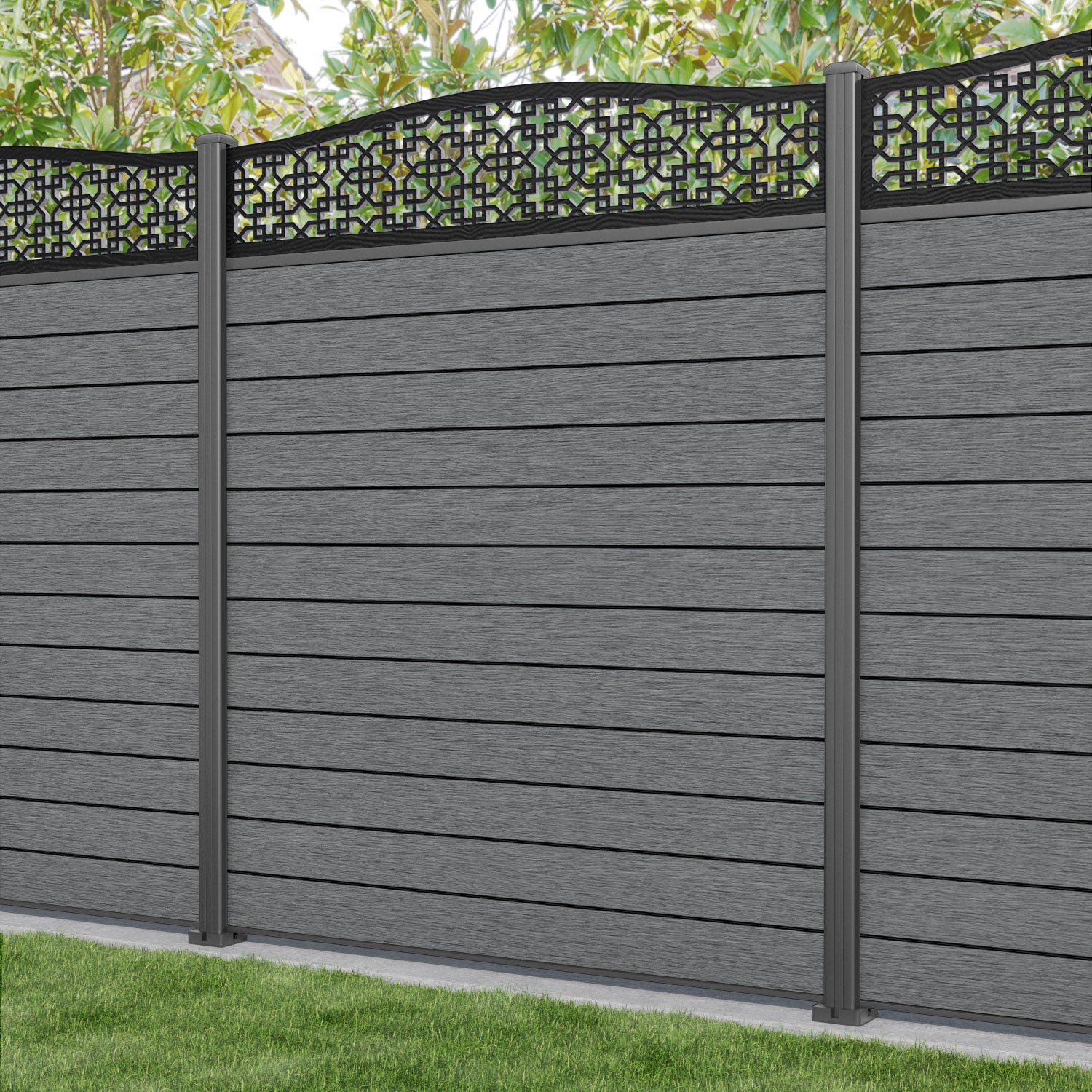 Fusion Zaria Curved Top Fence Panel - Mid Grey - with our aluminium posts
