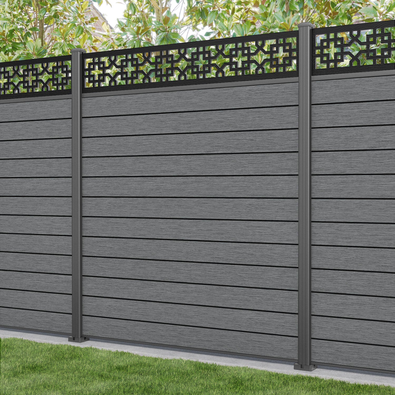 Fusion Zaria Fence Panel - Mid Grey - with our aluminium posts
