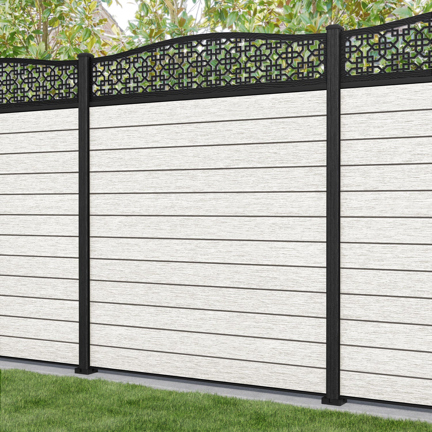 Fusion Zaria Curved Top Fence Panel - Light Stone - with our composite posts